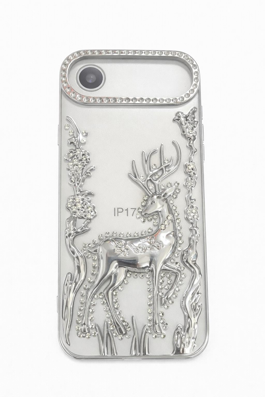 İphone 17 Air Uyumlu Geyik ve Çiçek Kabartmalı Kılıf Gri