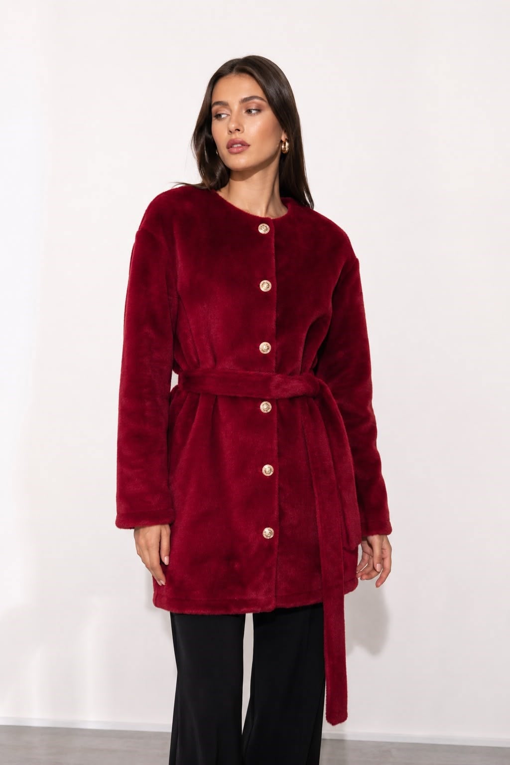 Kadın Beli Kuşaklı Düğmeli Kaban Bordo