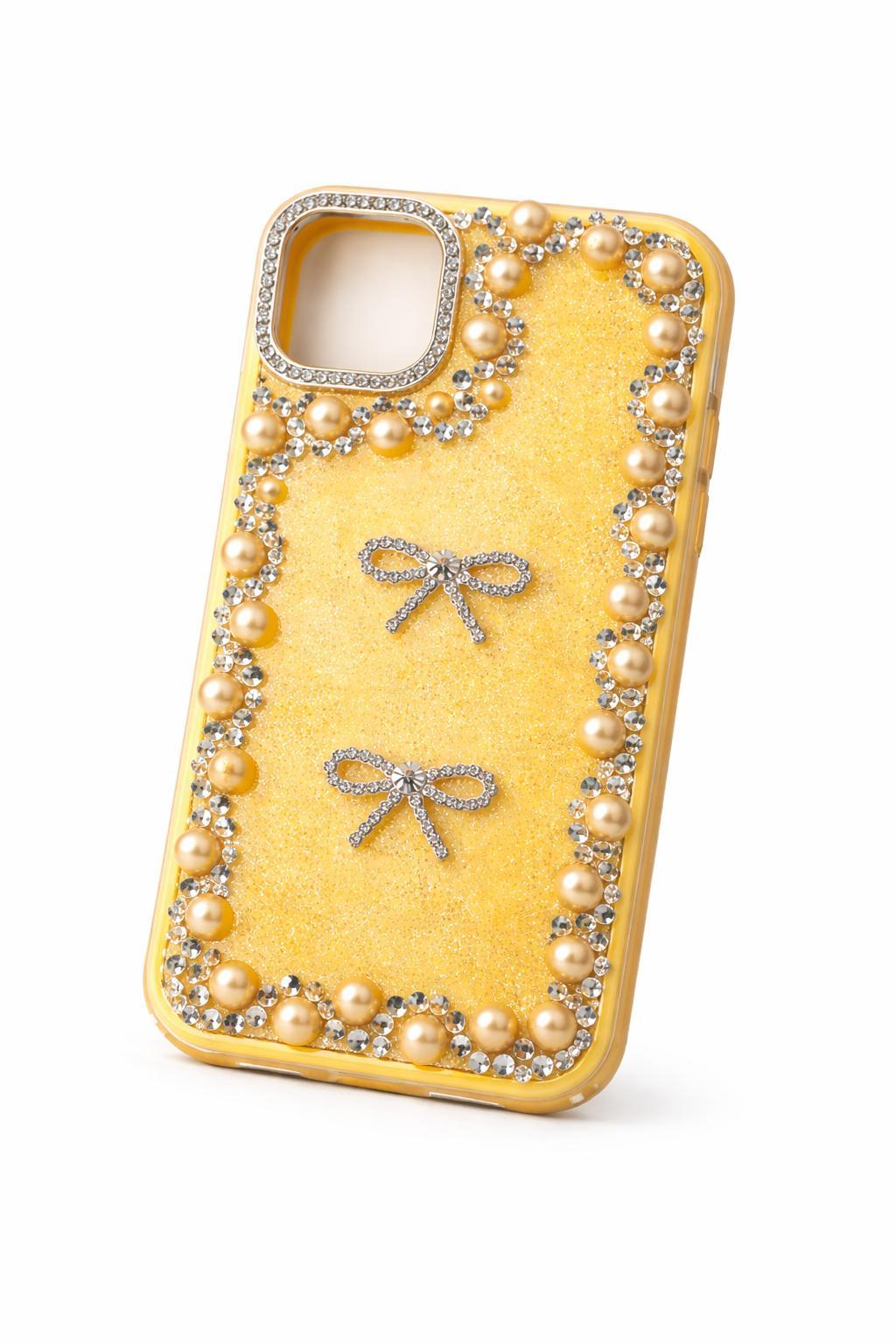 İphone 15 Pro Max Uyumlu Taş Detaylı Telefon Kılıfı Sarı