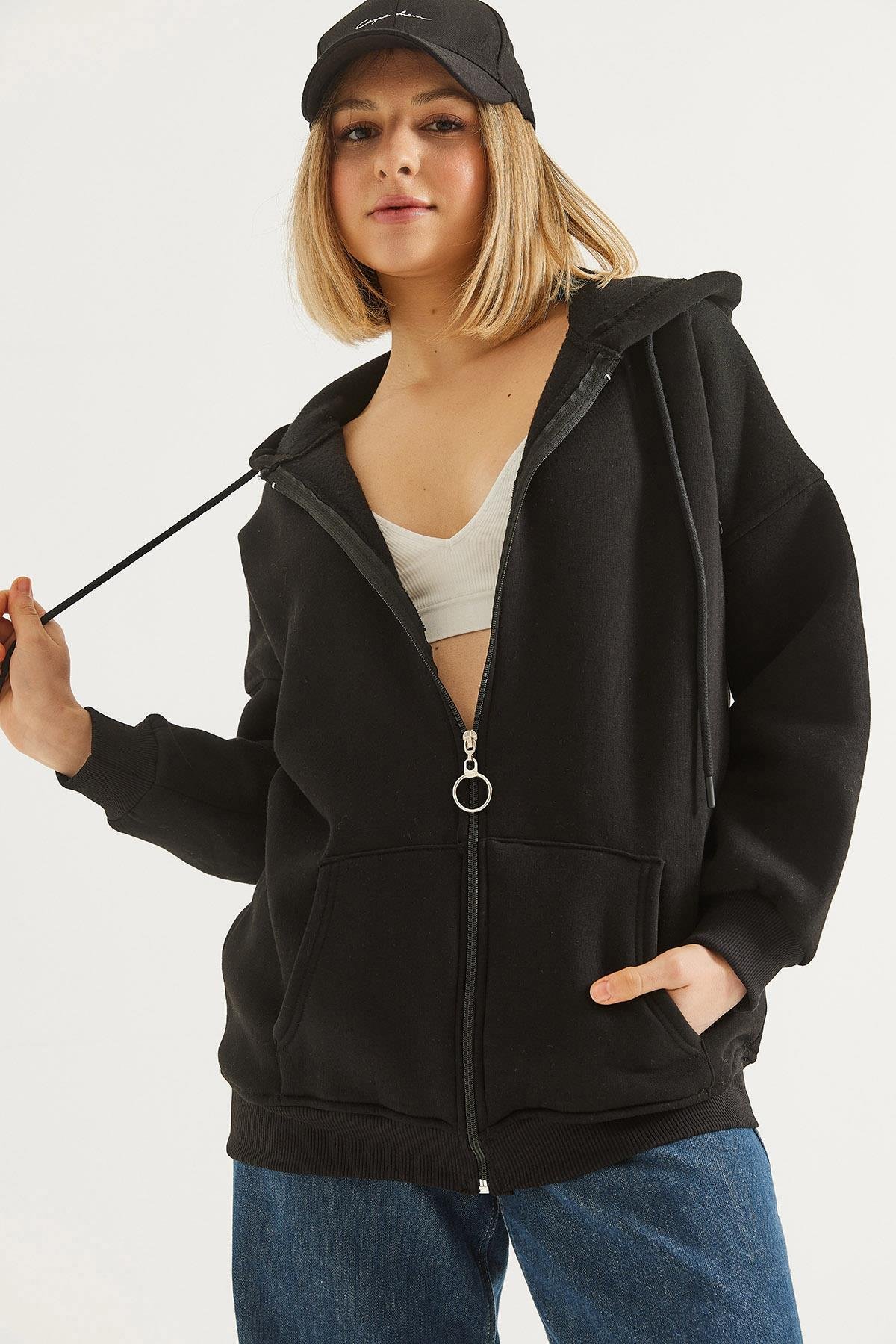 Kapüşonlu Fermuarlı Cepli Oversize Şardonlu Sweatshirt Siyah