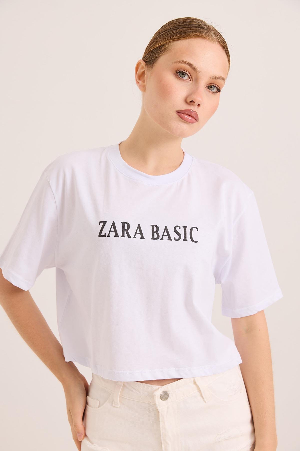 Baskılı Kısa Kol Pamuk Crop Tshirt Beyaz