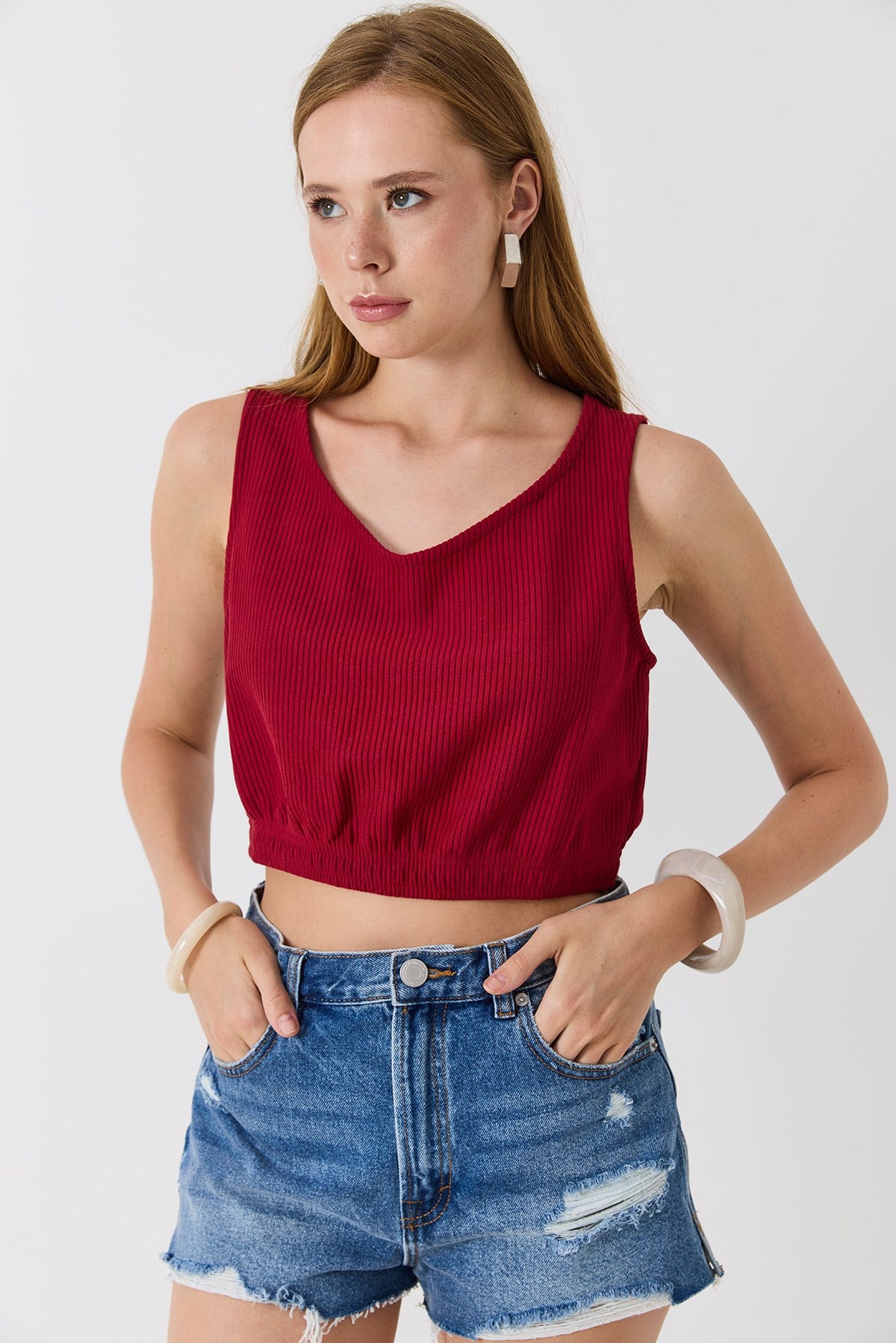 Kadın Kaşkorse Lastik Detaylı Askılı Crop Bordo