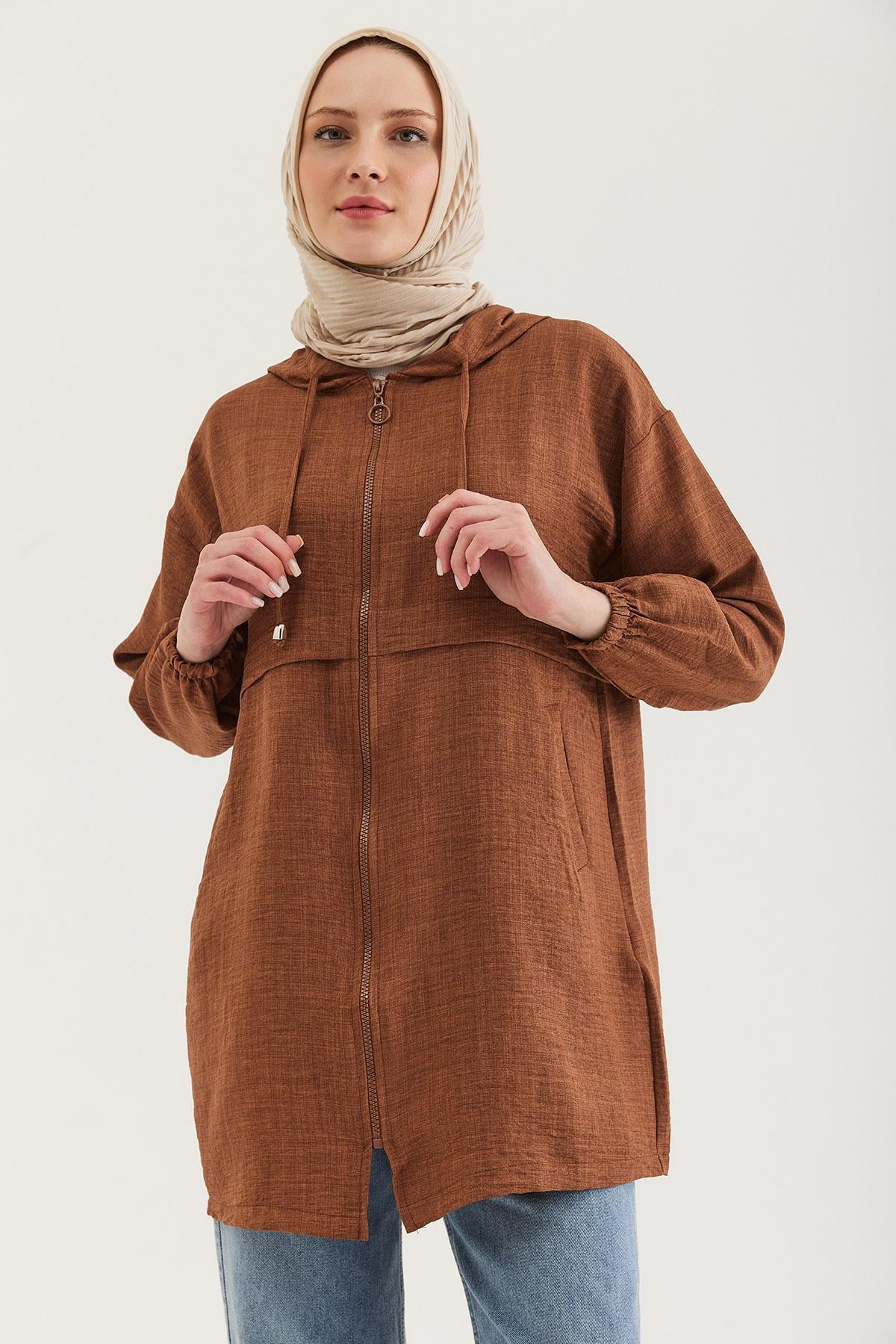 Araboy Kapşonlu Keten Kap Kahverengi