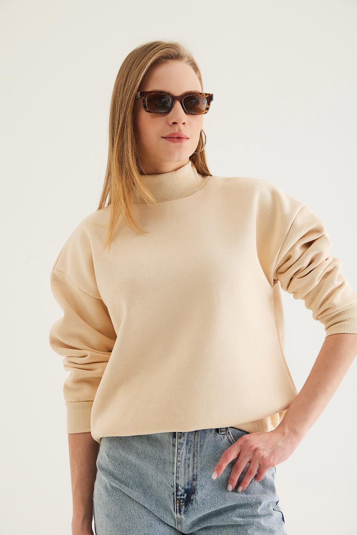 Balıkçı Yaka Şardonlu 3 ip Örme Sweatshirt Bej