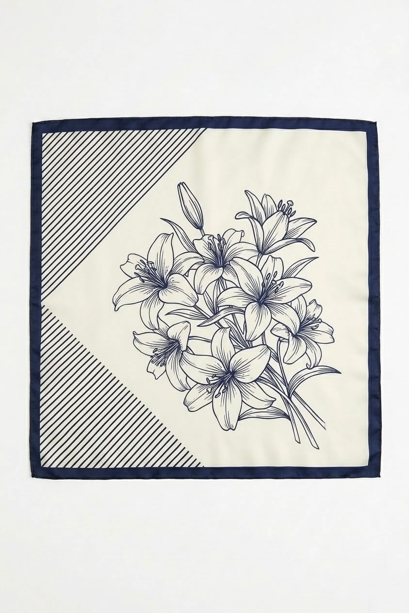 Çiçek Desenli Kenarları Lacivert 45X45 Ölçülü Fular Laci Beyaz