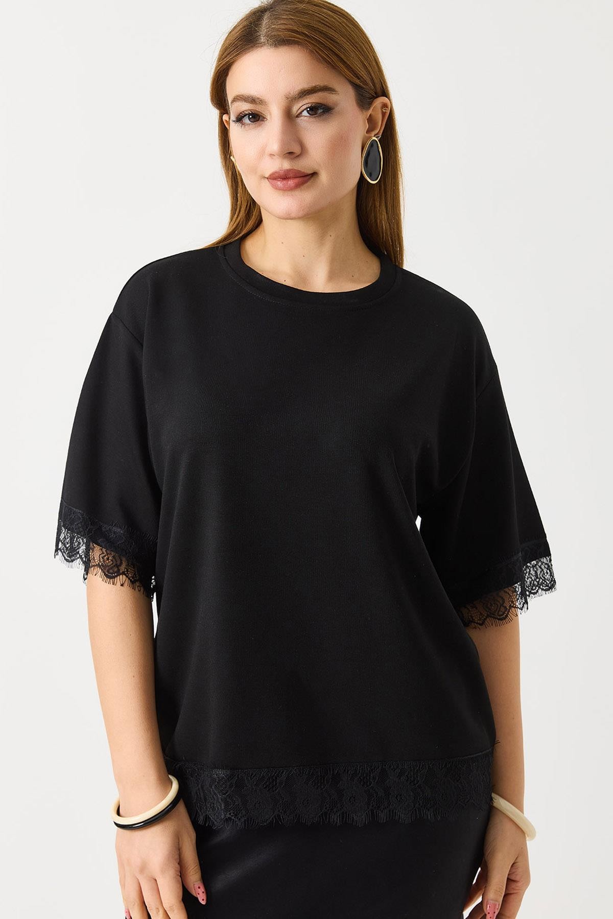 Kadın Kolları Ve Eteği Dantel Detaylı  Düz Modal Tshirt Siyah