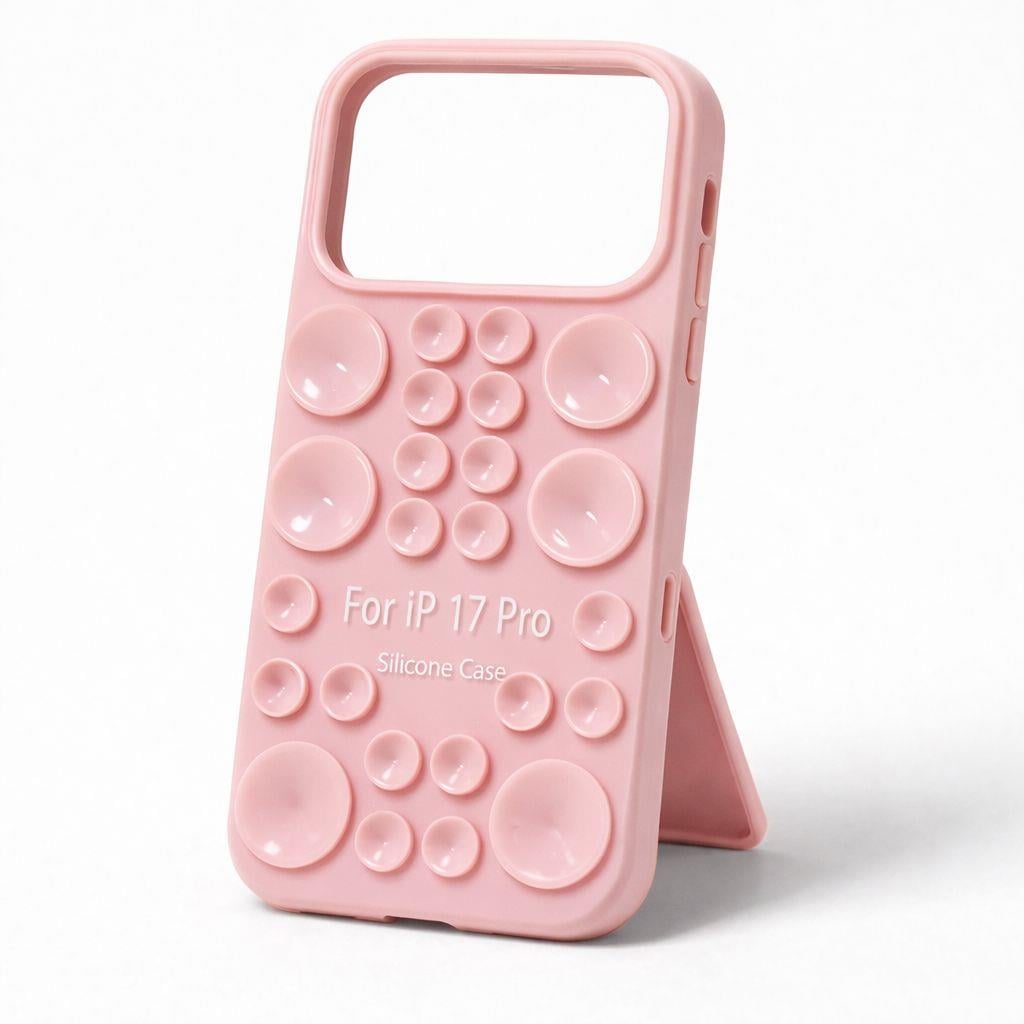 İphone 17 Pro Uyumlu Vantuzlu ve Pop-it Özellikli Kılıf Pembe