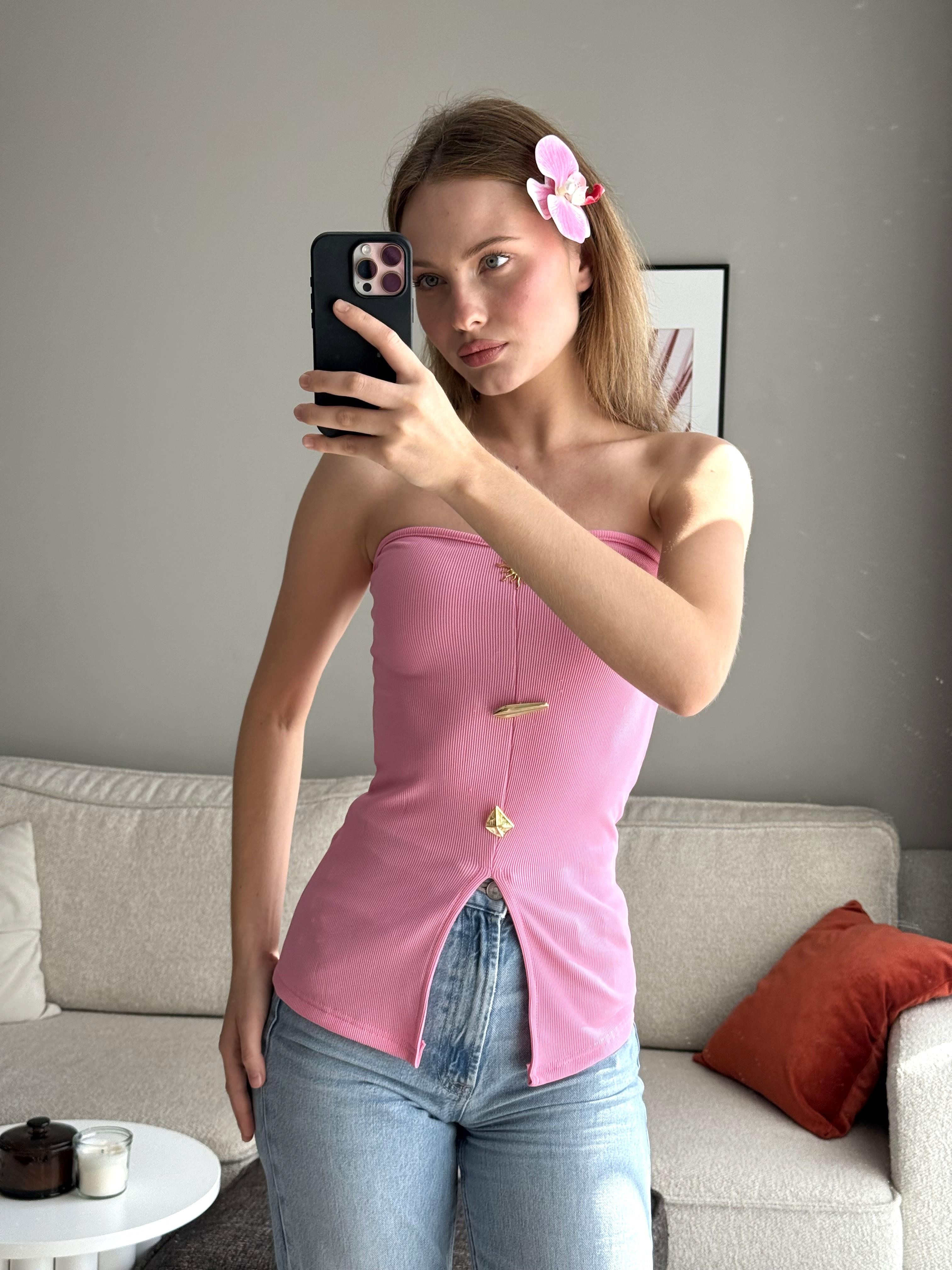 Düğme Detaylı Ottoman Straplez Pembe