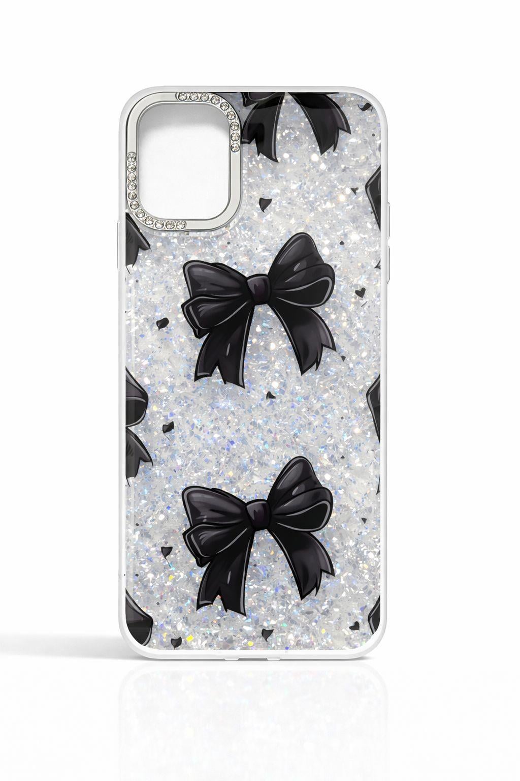 İphone 14 Pro Max Uyumlu Siyah Fiyonk Desenli Glitterlı Kılıf Şeffaf