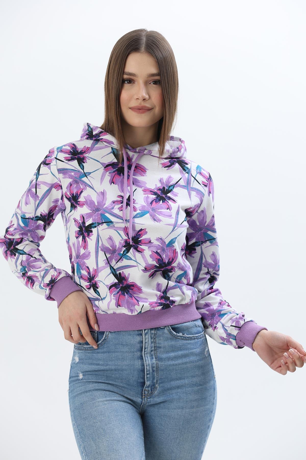 Kapüşonlu Çiçek Desenli İki İplik Sweatshirt Lila
