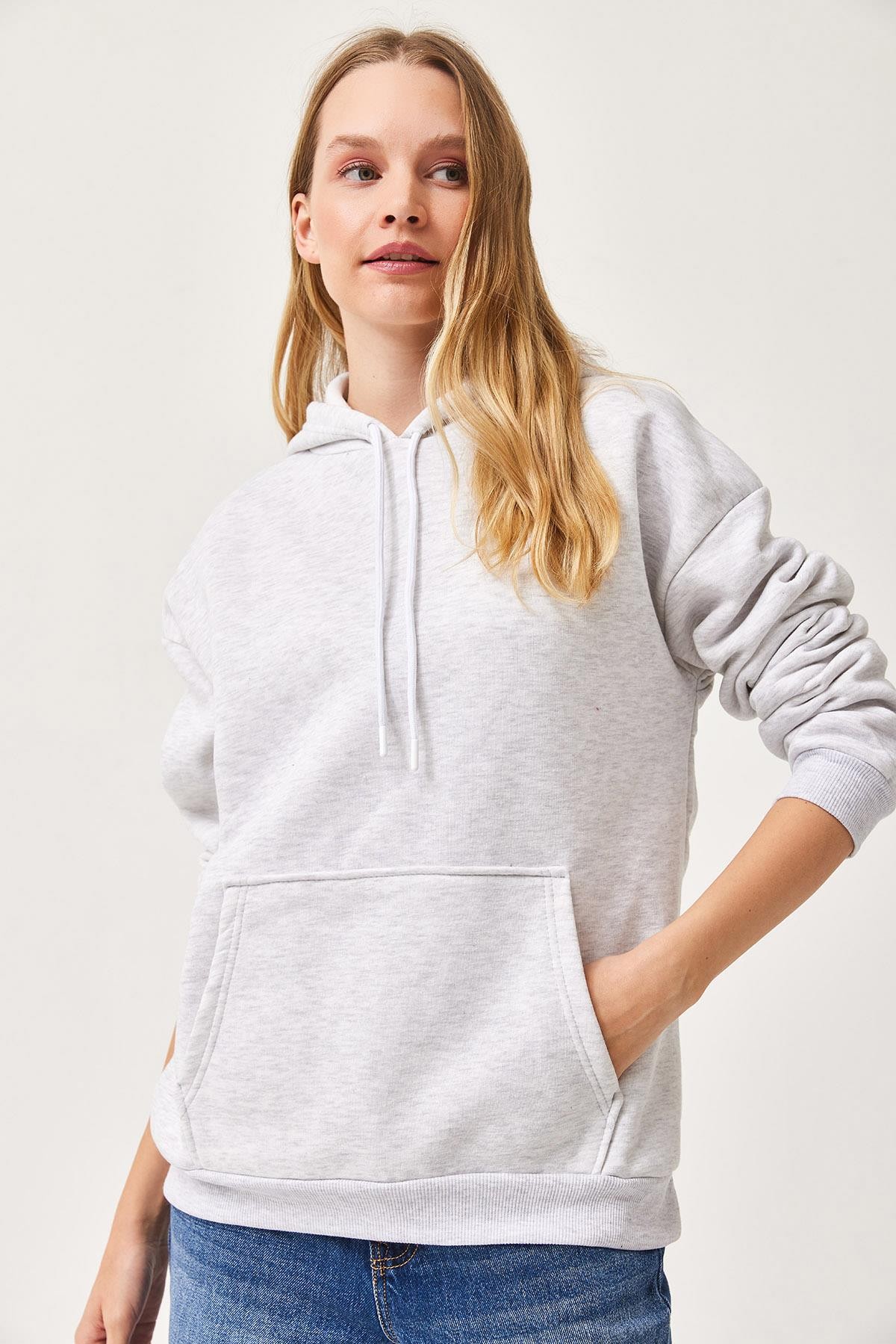 Kapüşonlu Kangurlu cepli Oversize Şardonlu Sweatshirt Gri