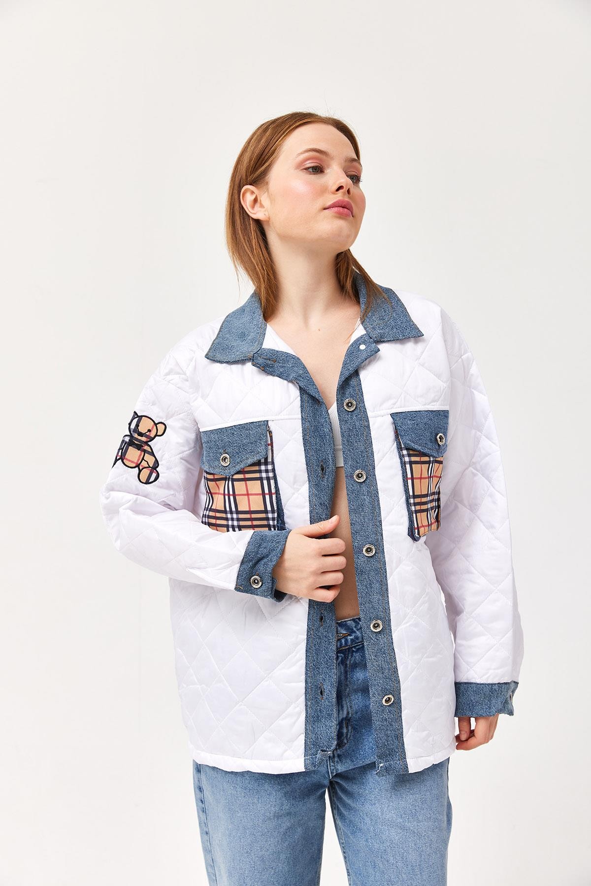 Kol Ve Cebi Kot Detaylı Kapitone Ceket Beyaz · 4