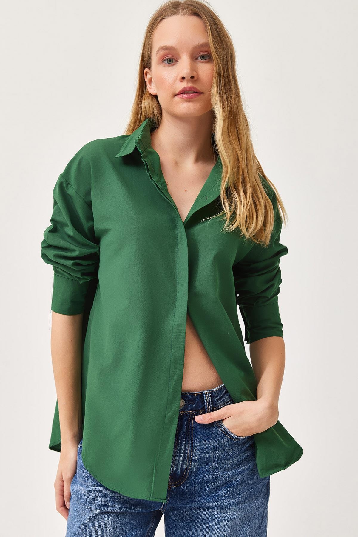 Oversize Basic Gömlek Koyu Yeşil · 5