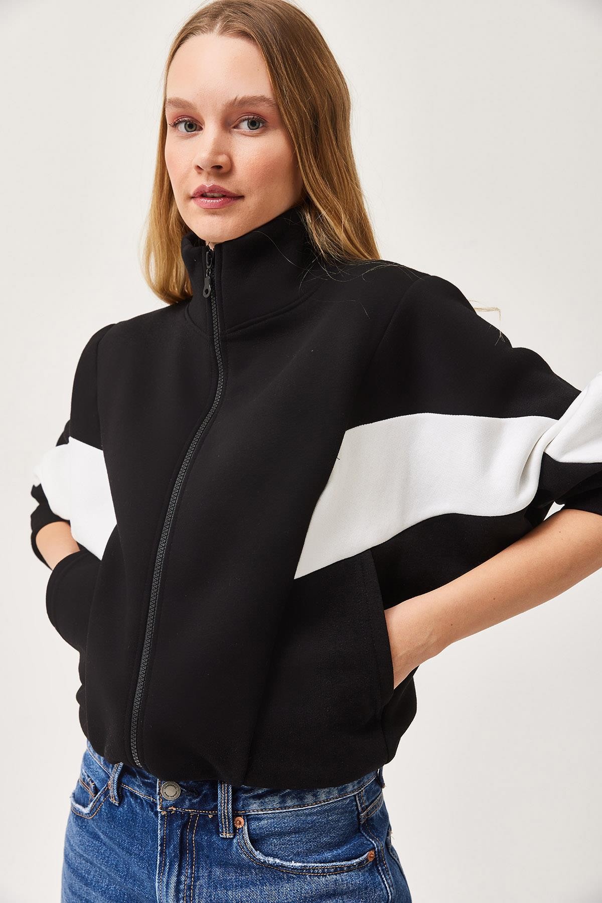 Oversize Fermuar Detaylı Garnili Sweatshirt Siyah