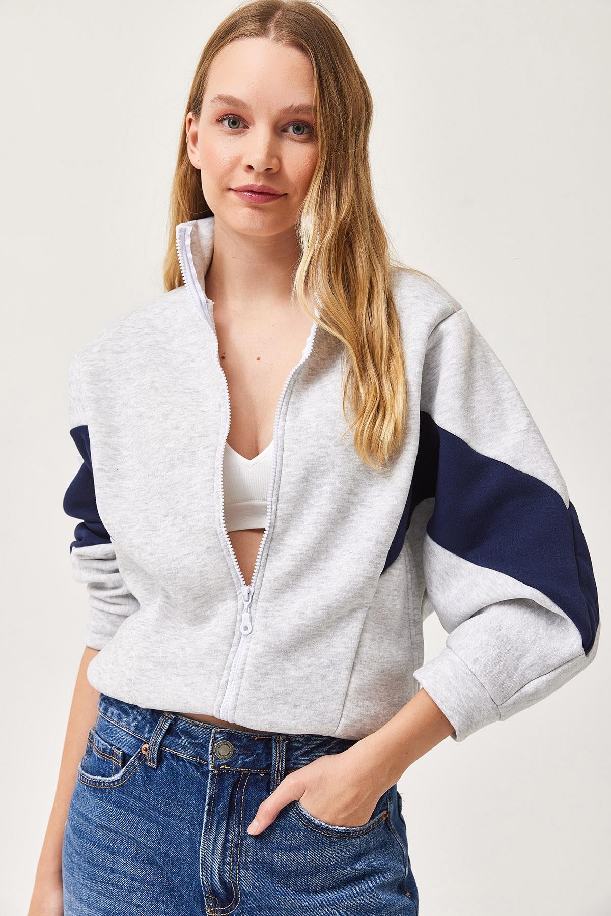 Oversize Fermuar Detaylı Garnili Sweatshirt Gri