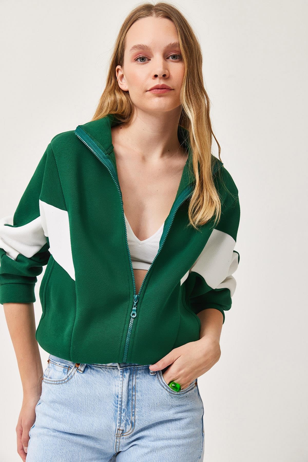 Oversize Fermuar Detaylı Garnili Sweatshirt Yeşil