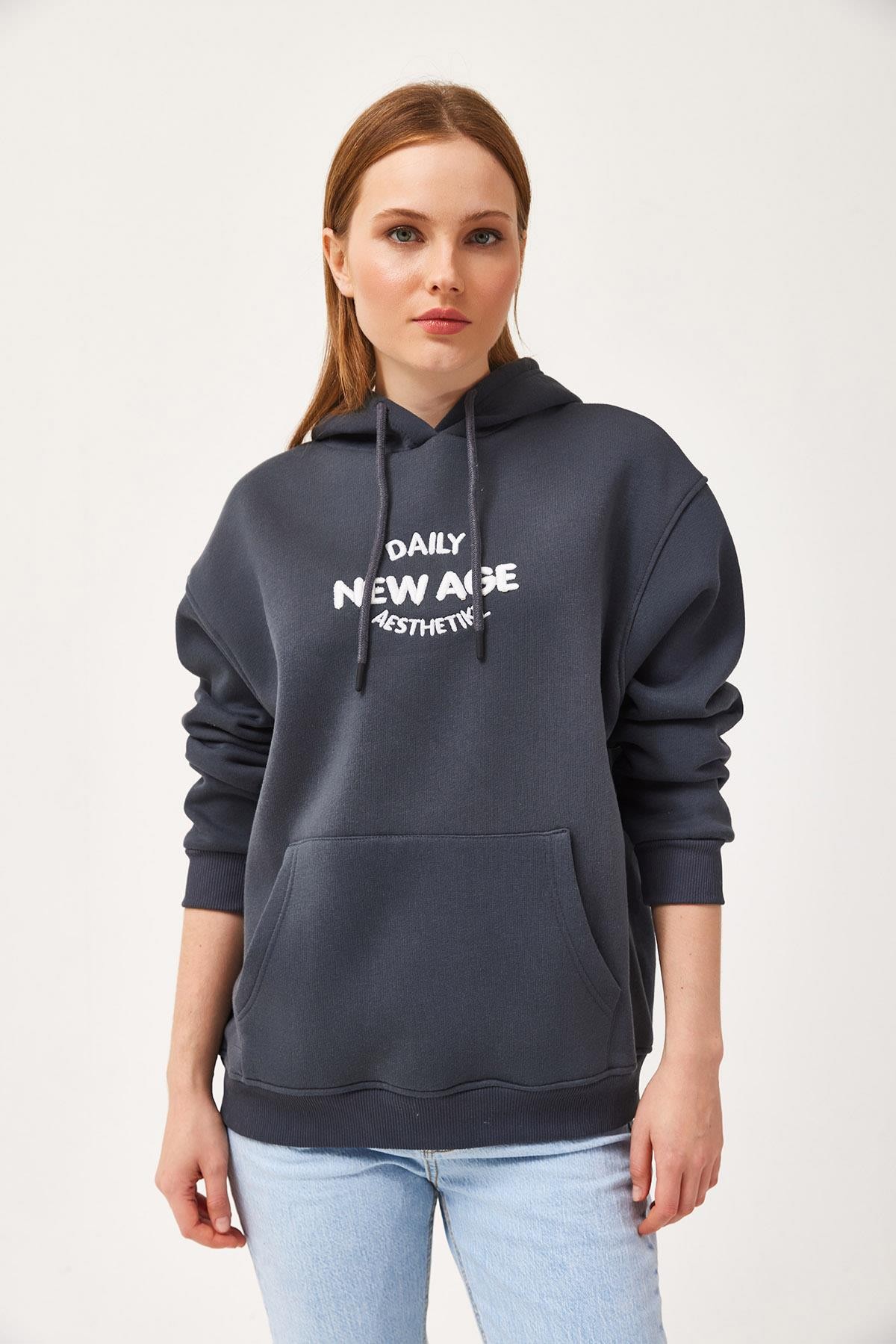 Oversize Kapüşonlu Kanguru Cepli Sweatshirt Antrasit