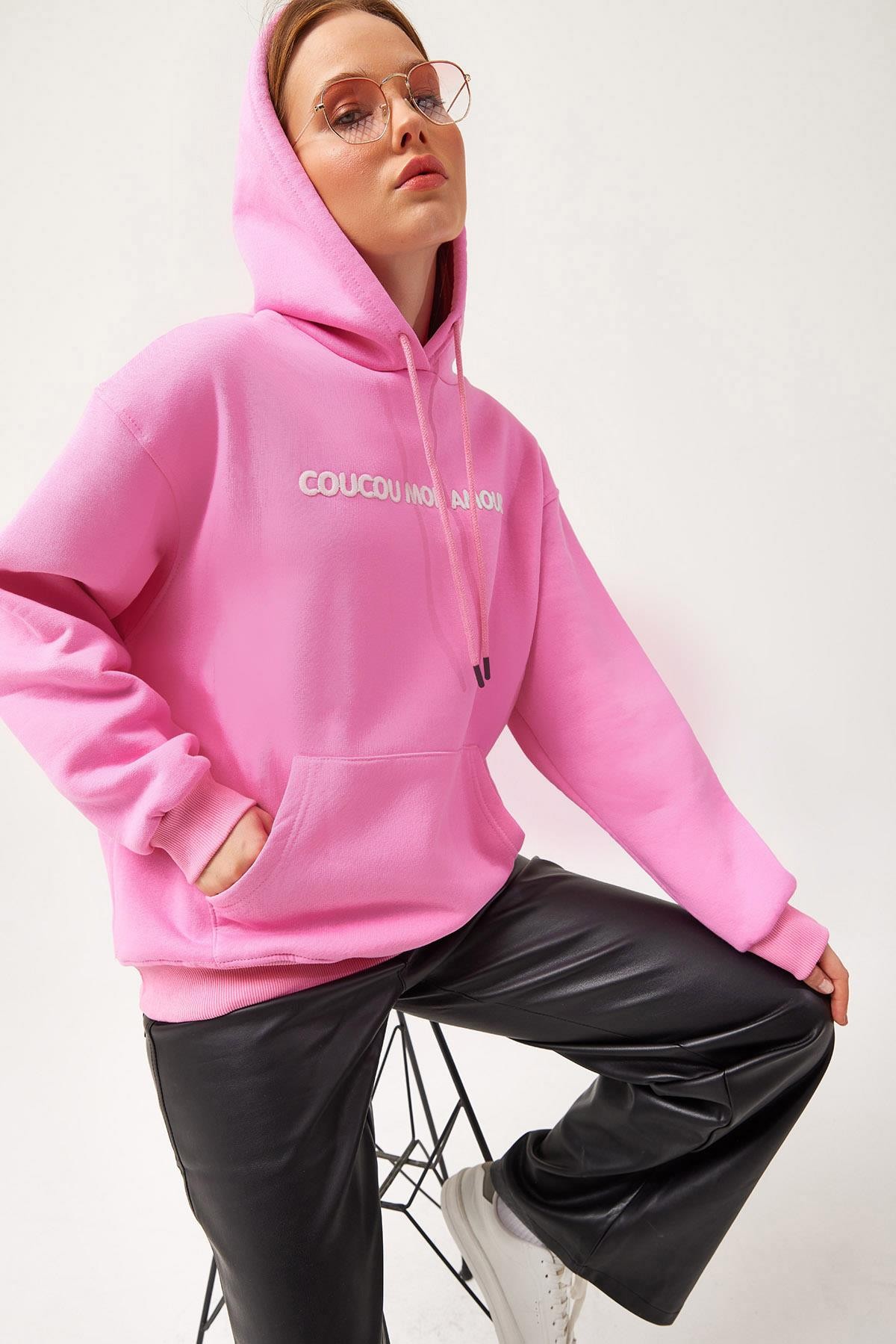Oversize Kapüşonlu Kanguru Cepli Sweatshirt Pembe · 5