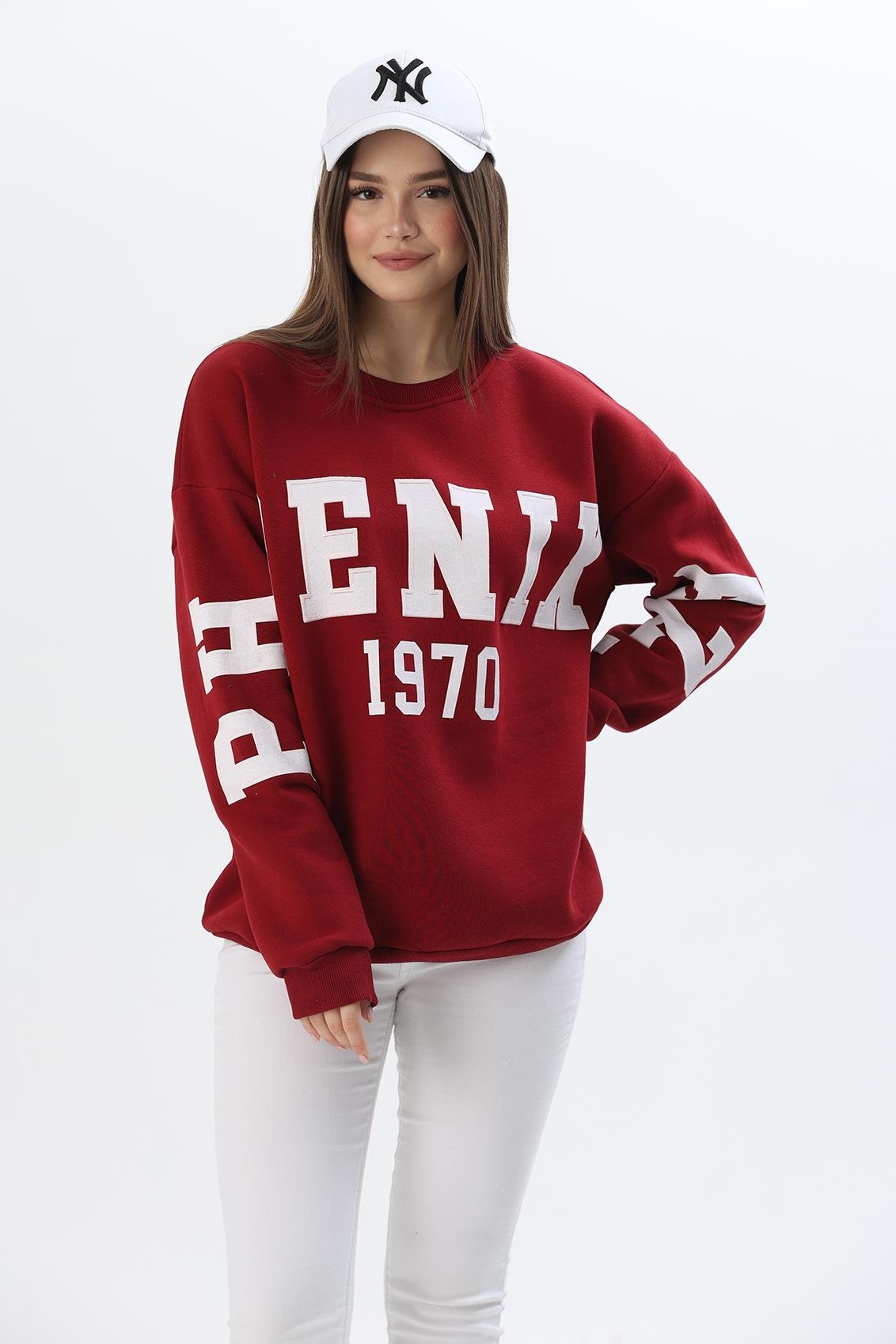Üç İplik Baskılı Kapüşonlu Sweatshirt Bordo