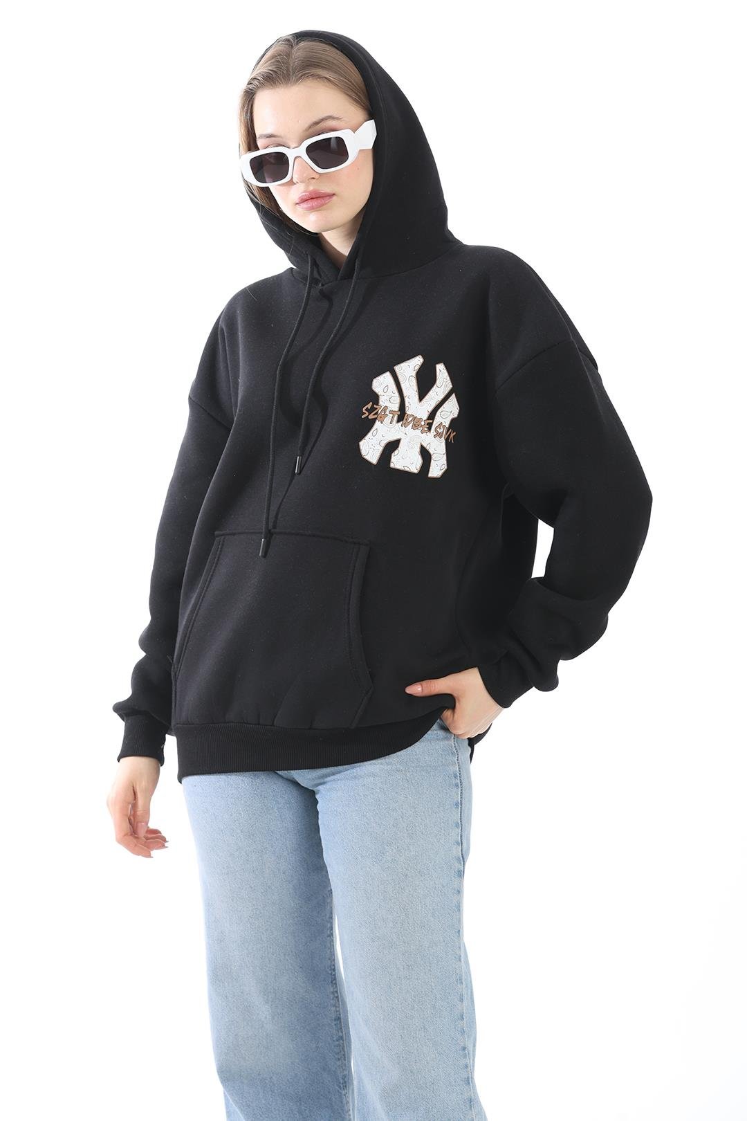Üç İplik Baskılı Kapüşonlu Sweatshirt Siyah