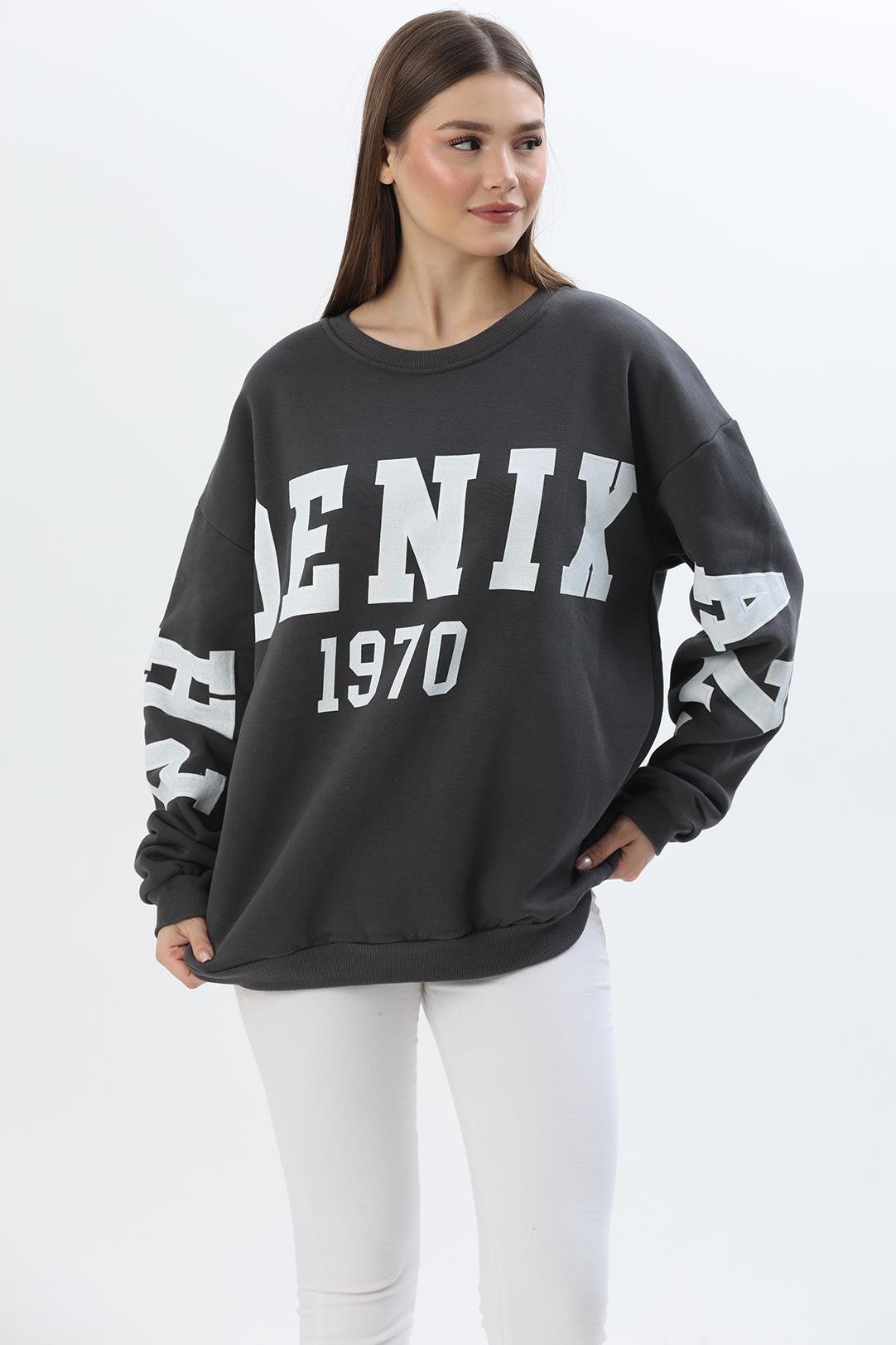 Üç İplik Baskılı Kapüşonlu Sweatshirt Füme