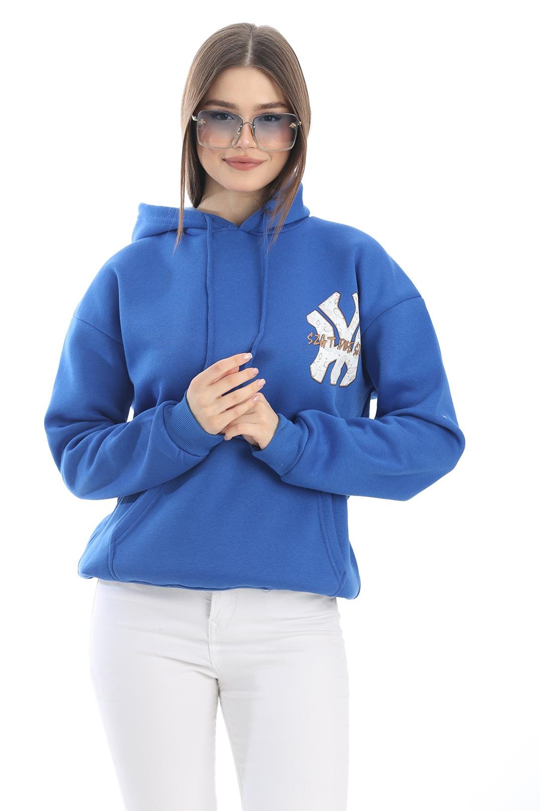 Üç İplik Baskılı Kapüşonlu Sweatshirt Mavi