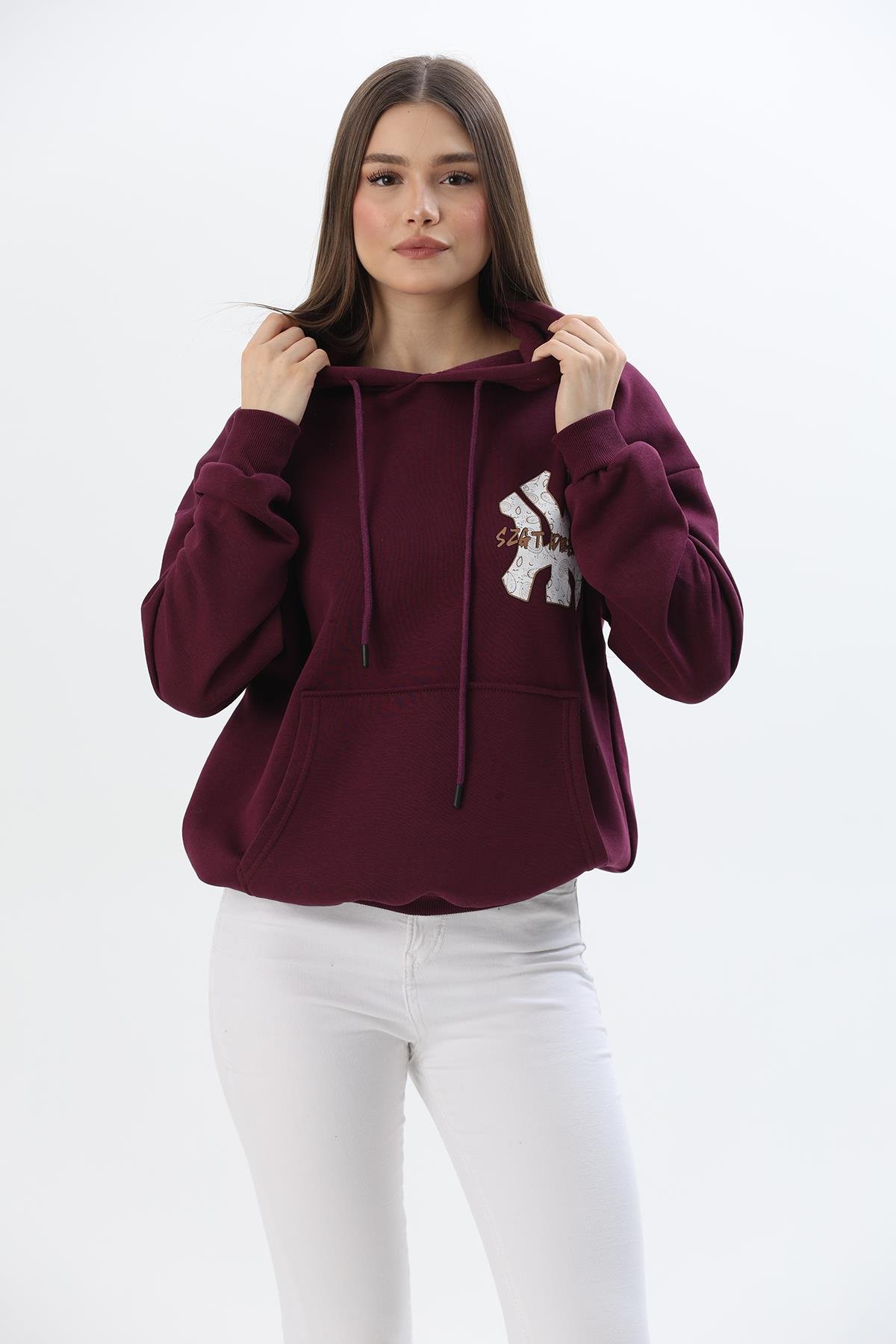 Üç İplik Baskılı Kapüşonlu Sweatshirt Bordo