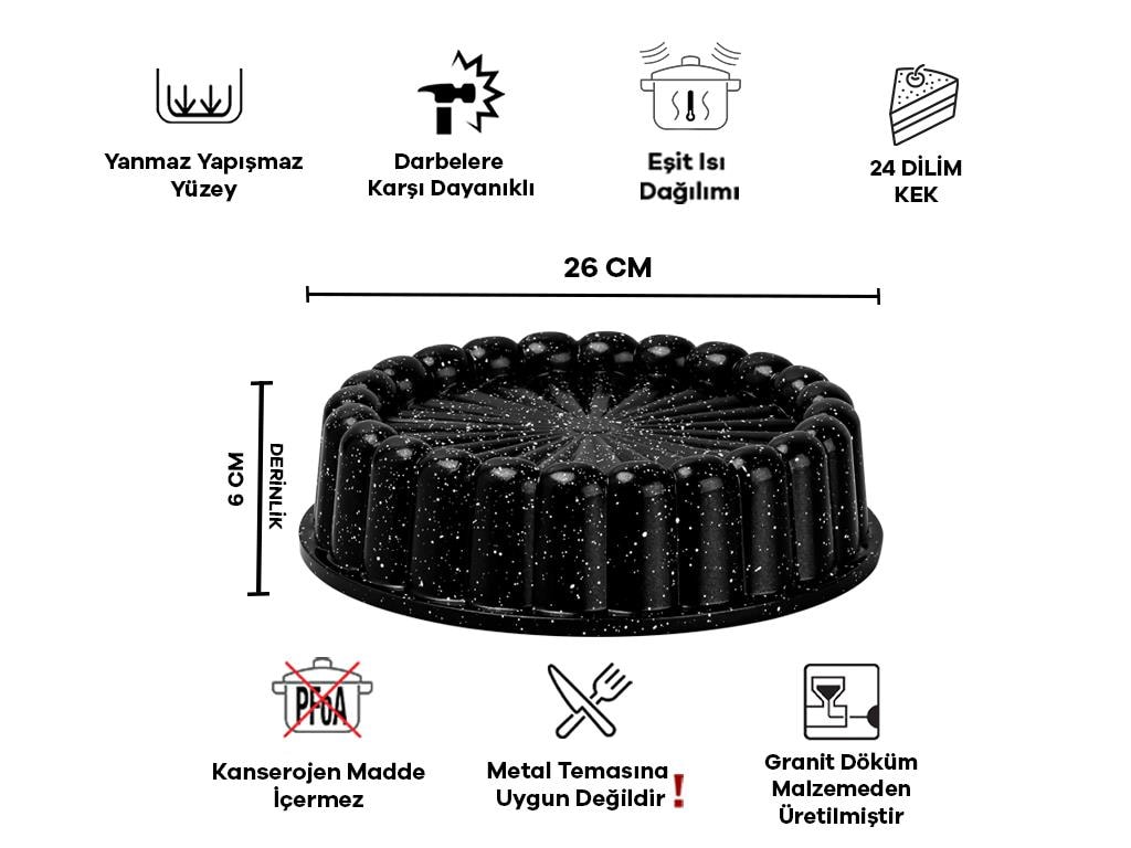 Taç Granit Döküm Tart Kek Kalıbı Siyah 26 cm