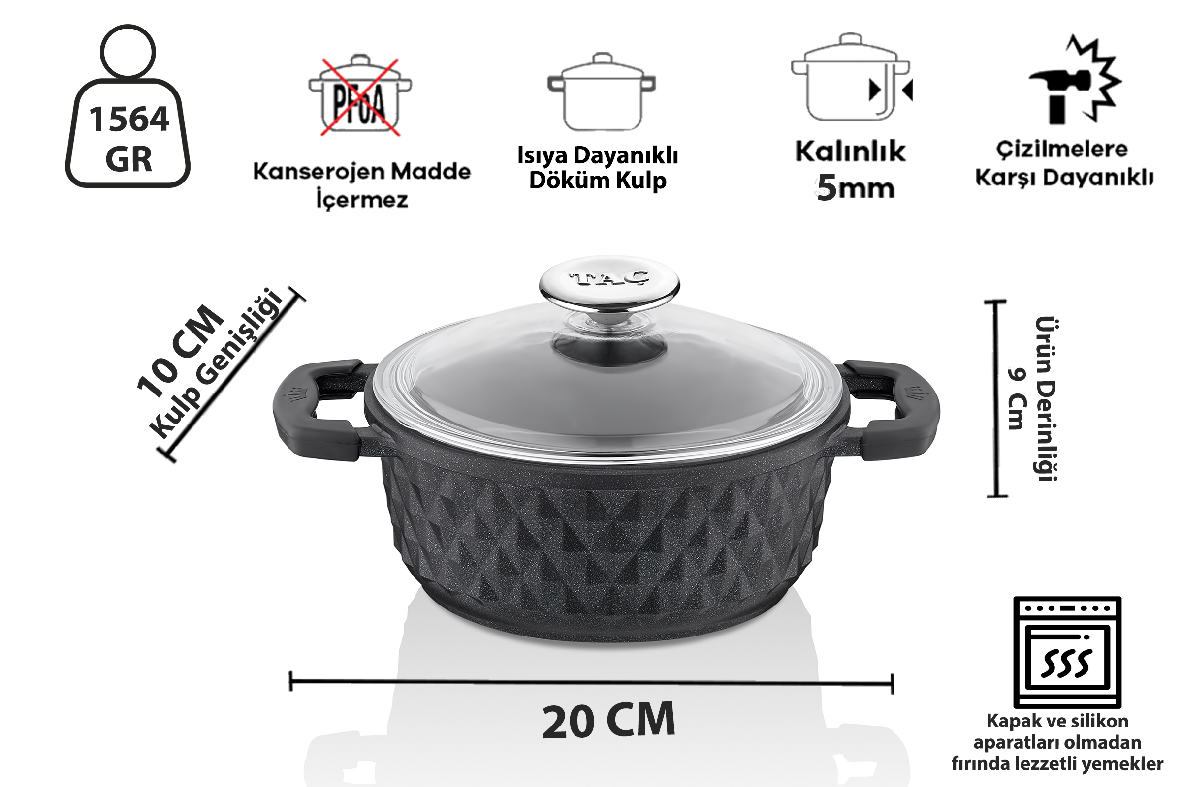 Taç Bella Cam Kapak Döküm Derin Tencere 20 Cm Siyah