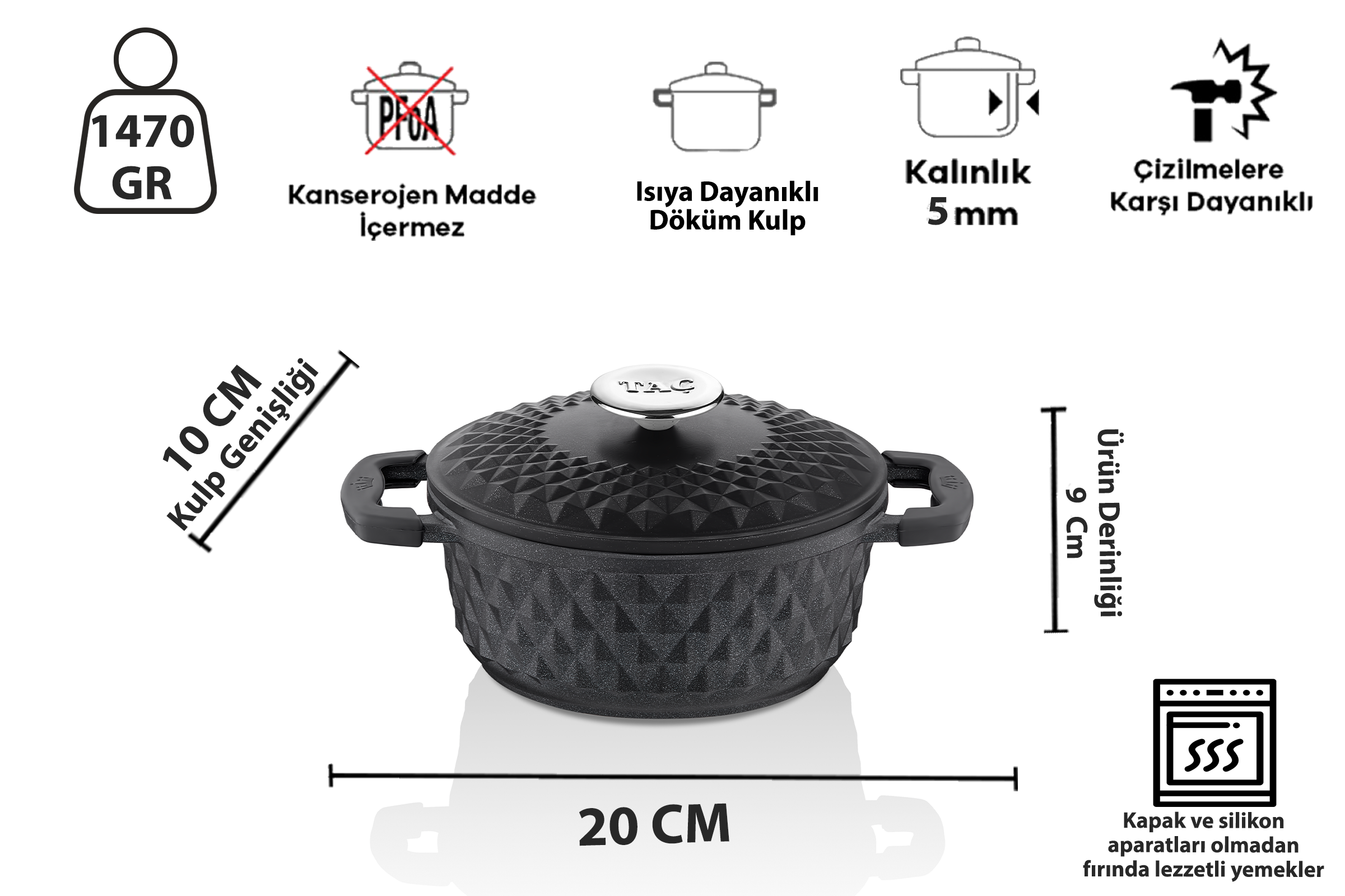 Taç Bella Döküm Kapak Derin 20 Cm Siyah