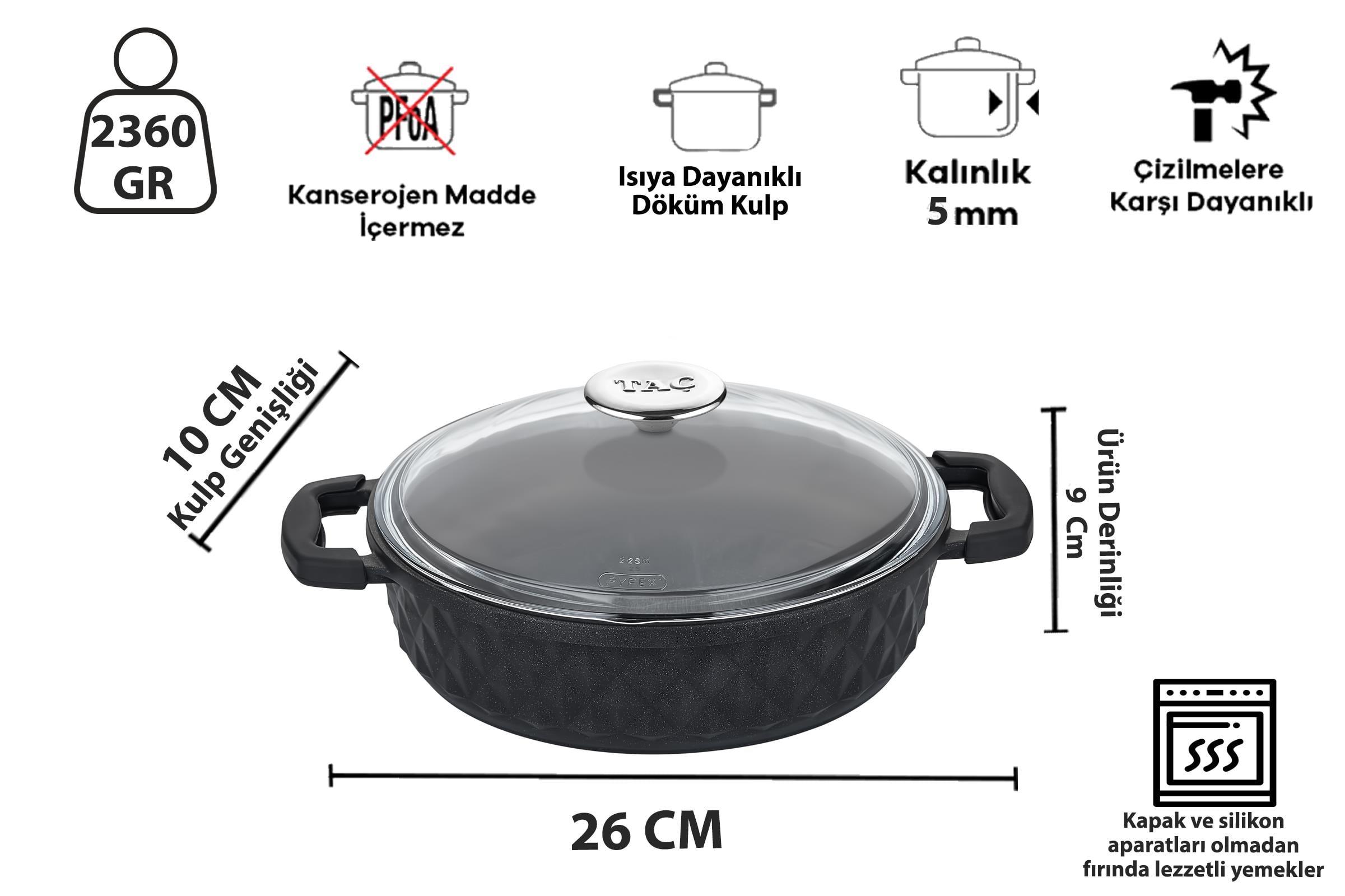 Taç Carabella Döküm Cam Kapak 7 Parça Tencere Seti Siyah