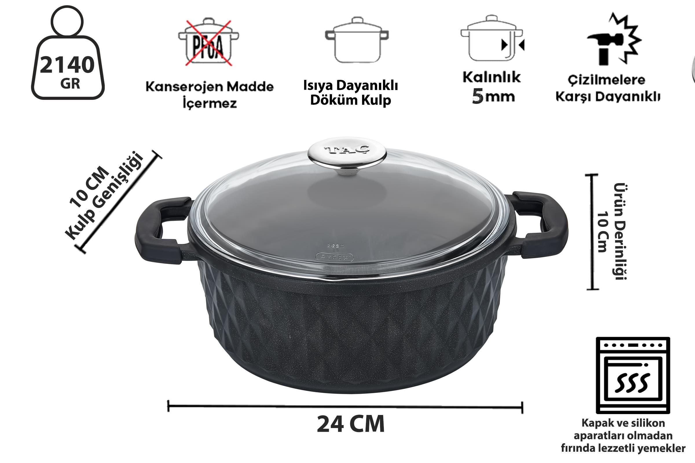 Taç Carabella Döküm Cam Kapak 7 Parça Tencere Seti Siyah