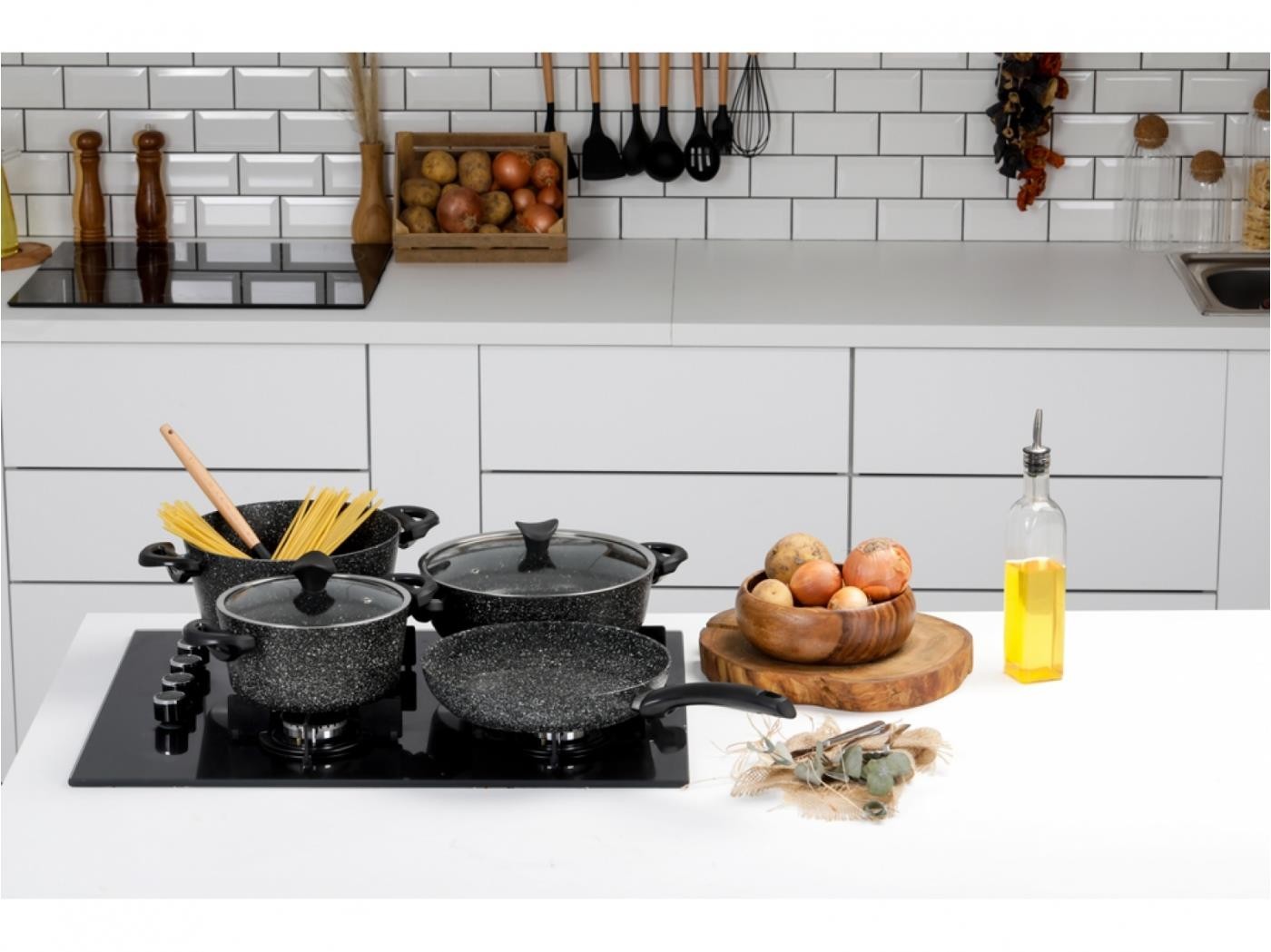 Taç İndüksiyon Master Cook 4'lü 7 Parça Granit Tencere Seti Siyah