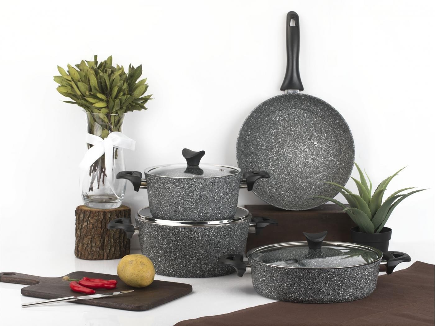 Taç İndüksiyon Master Cook 4'lü 7 Parça Granit Tencere Seti Gri