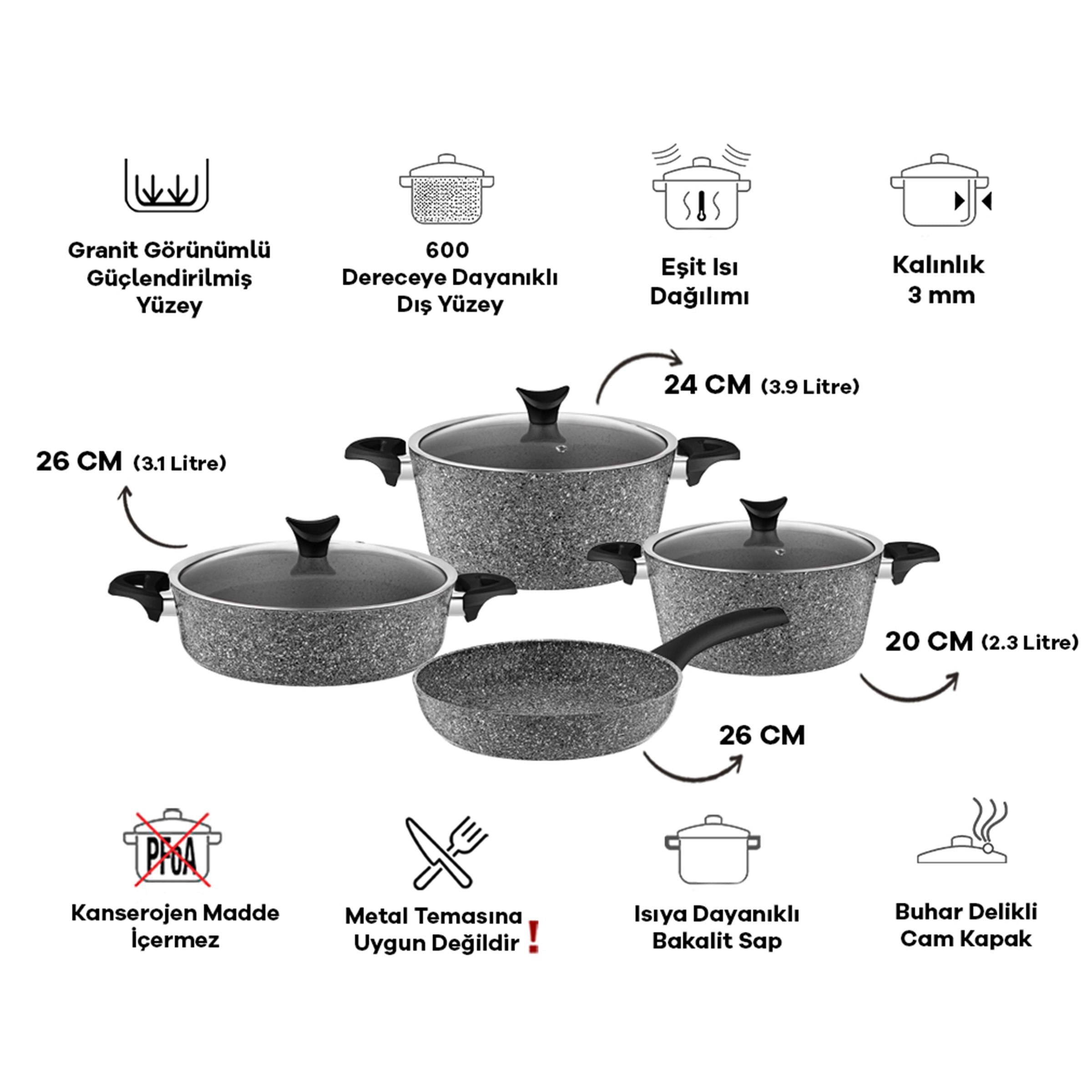 Taç Master Cook 4'lü 7 Parça Granit Tencere Seti Gri