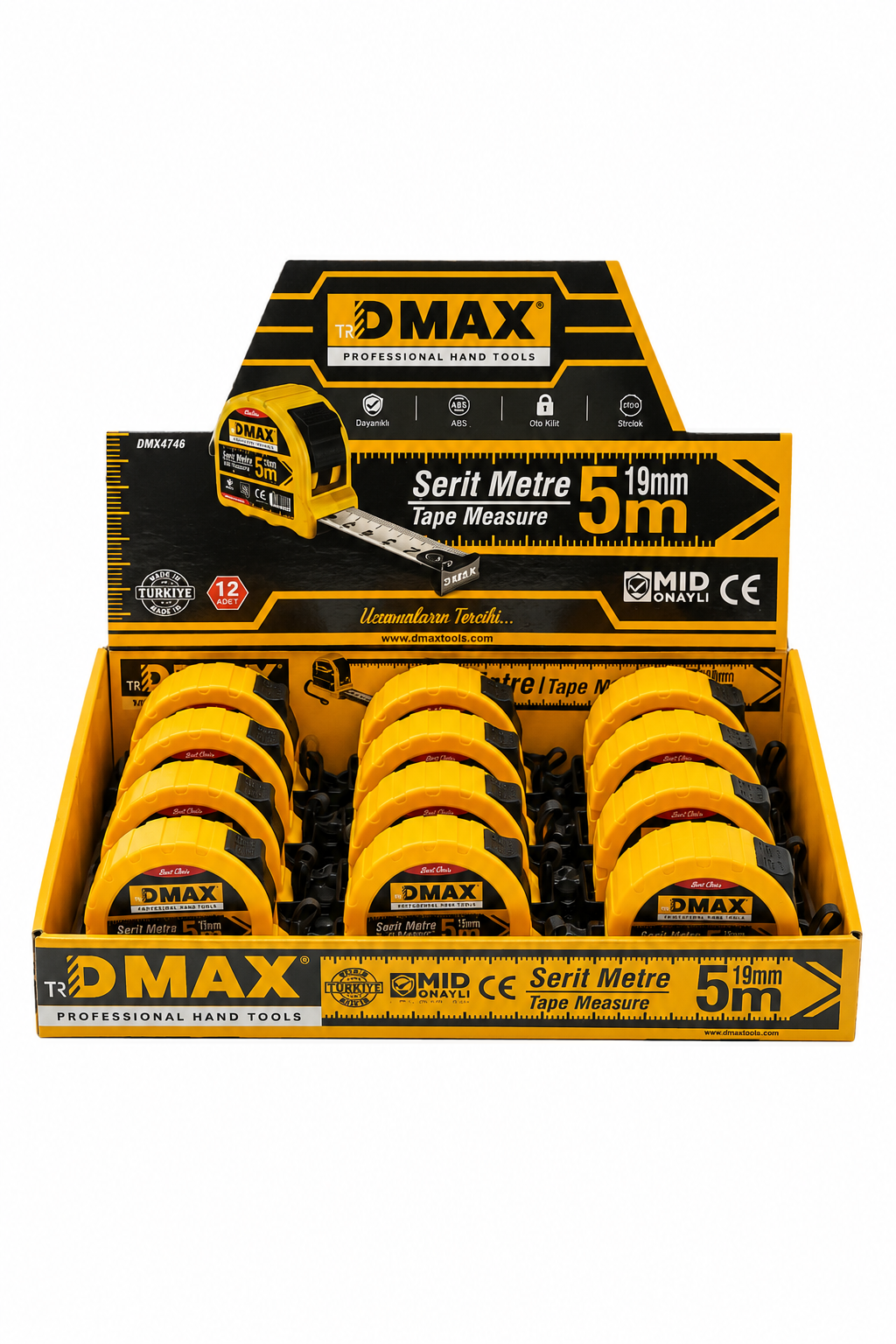  Ölçüm ve Kesim Aletleri Dmax DMX4746 DMAX  DMAX Şerit Metre 5 m x 19 mm - MID Onaylı - ABS Gövde - 12'li Paket