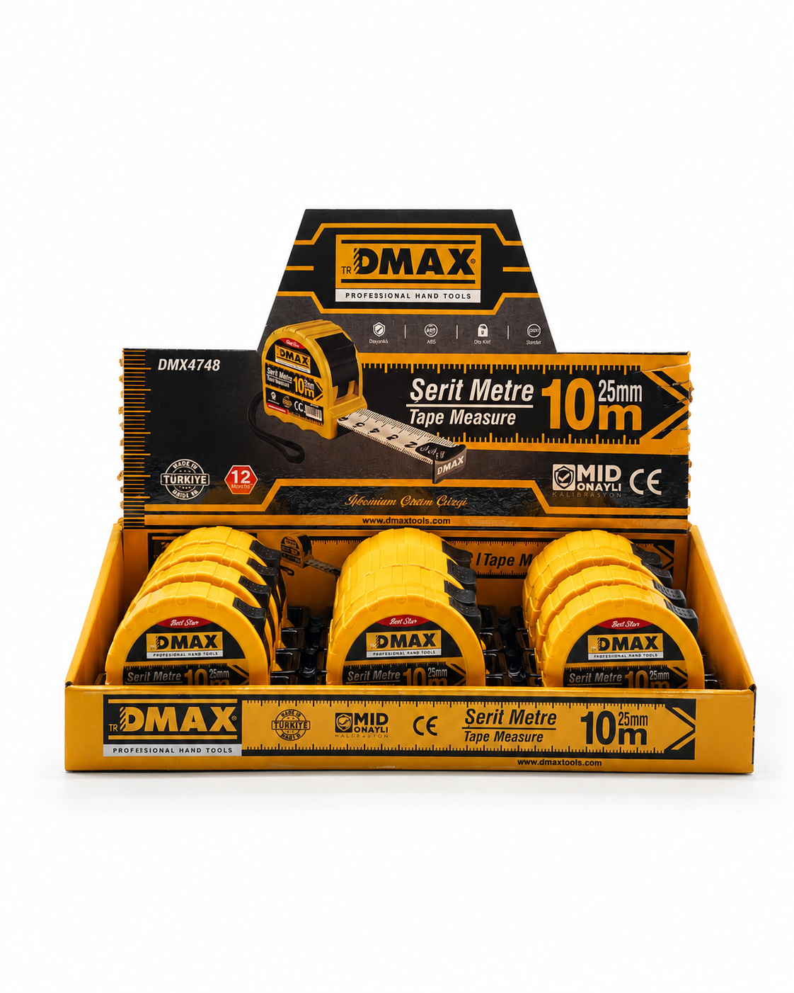  Ölçüm ve Kesim Aletleri Dmax DMX4748 DMAX  DMAX Şerit Metre 10 m x 25 mm - MID Onaylı - ABS Gövde - 12'li Paket