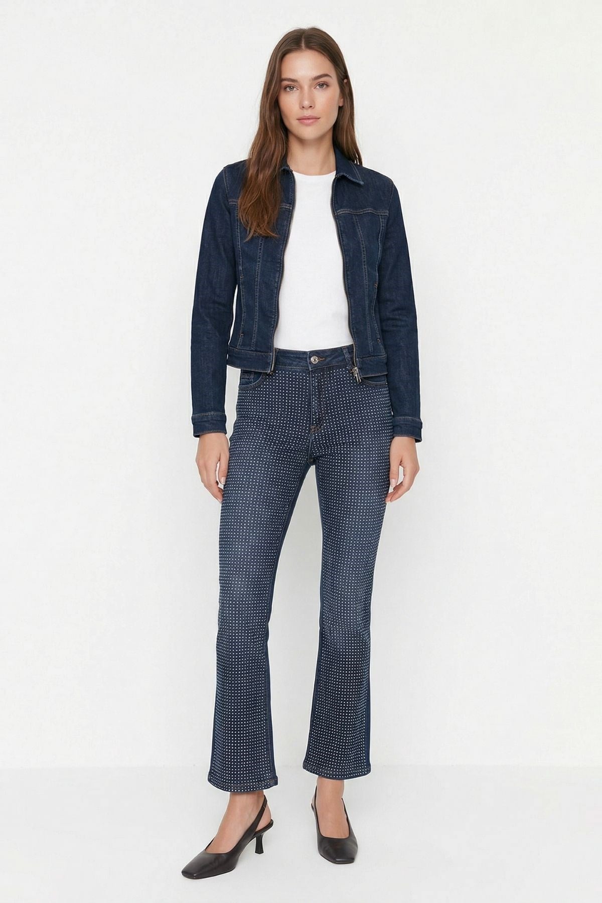 Kadın Jean Pantolon-Paça Kesik Taşlı Jean 3047-11 Tint Kahve -rulem