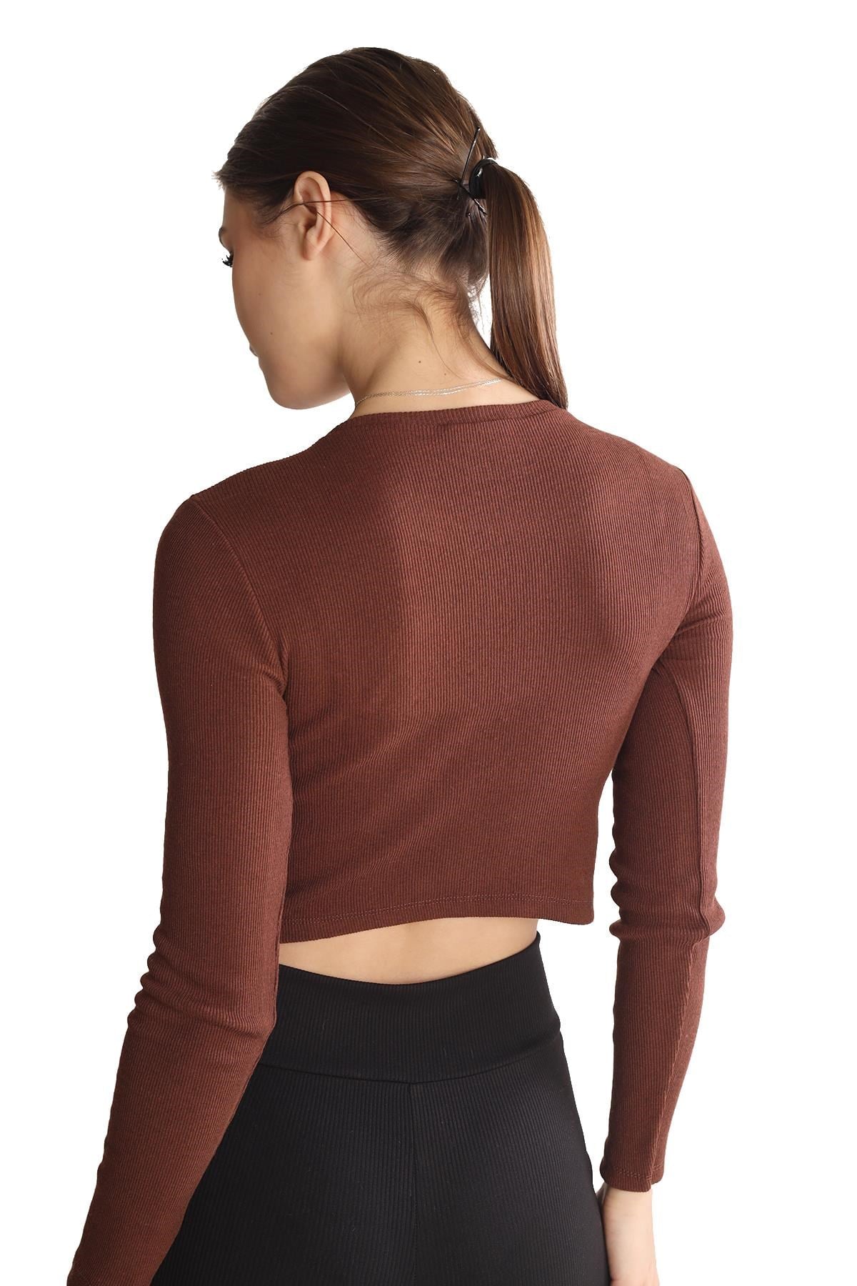 Acı Kahve Bisiklet Yaka Crop Bluz 734