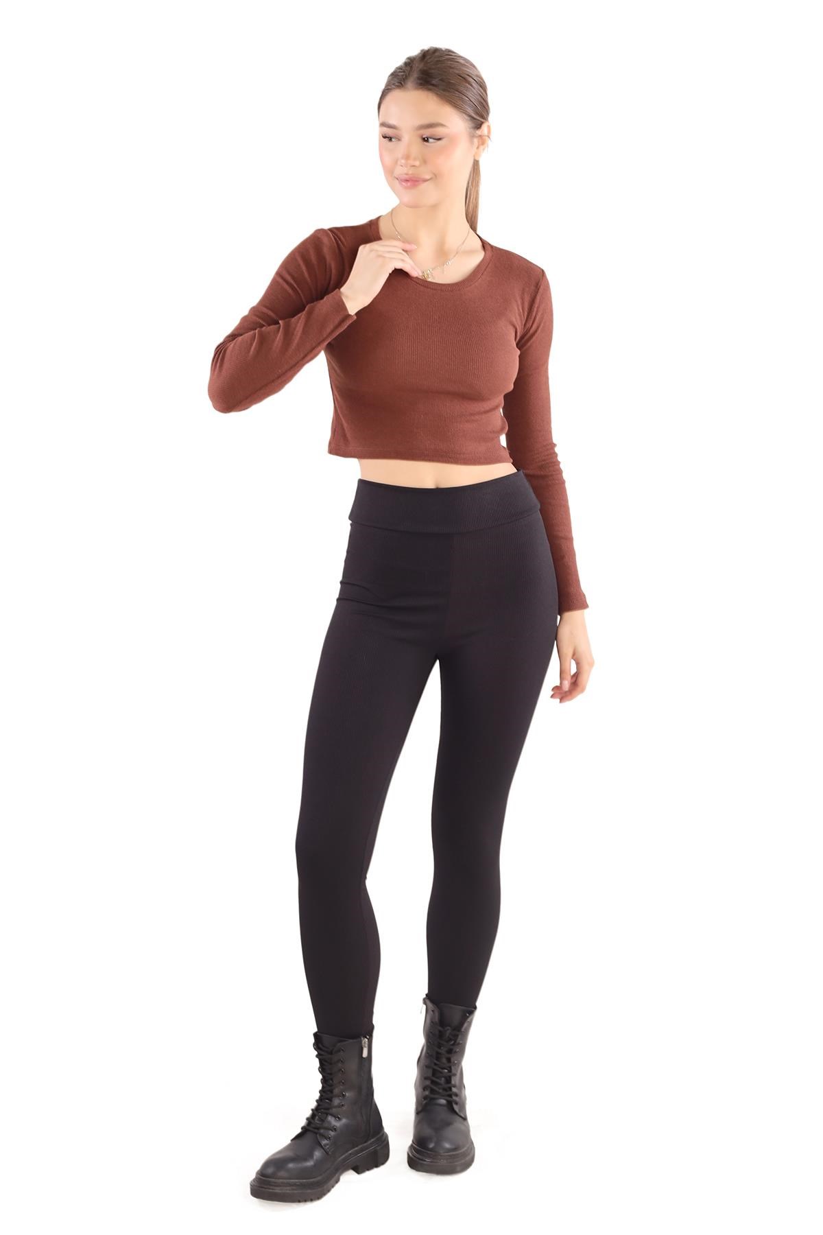 Acı Kahve Bisiklet Yaka Crop Bluz 734