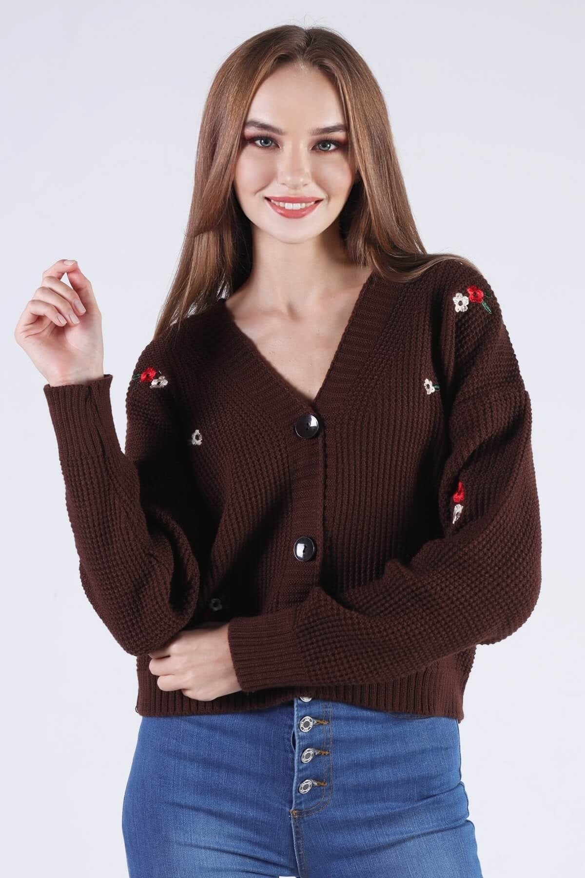 Acı Kahve Çiçekli Kısa Hırka 384