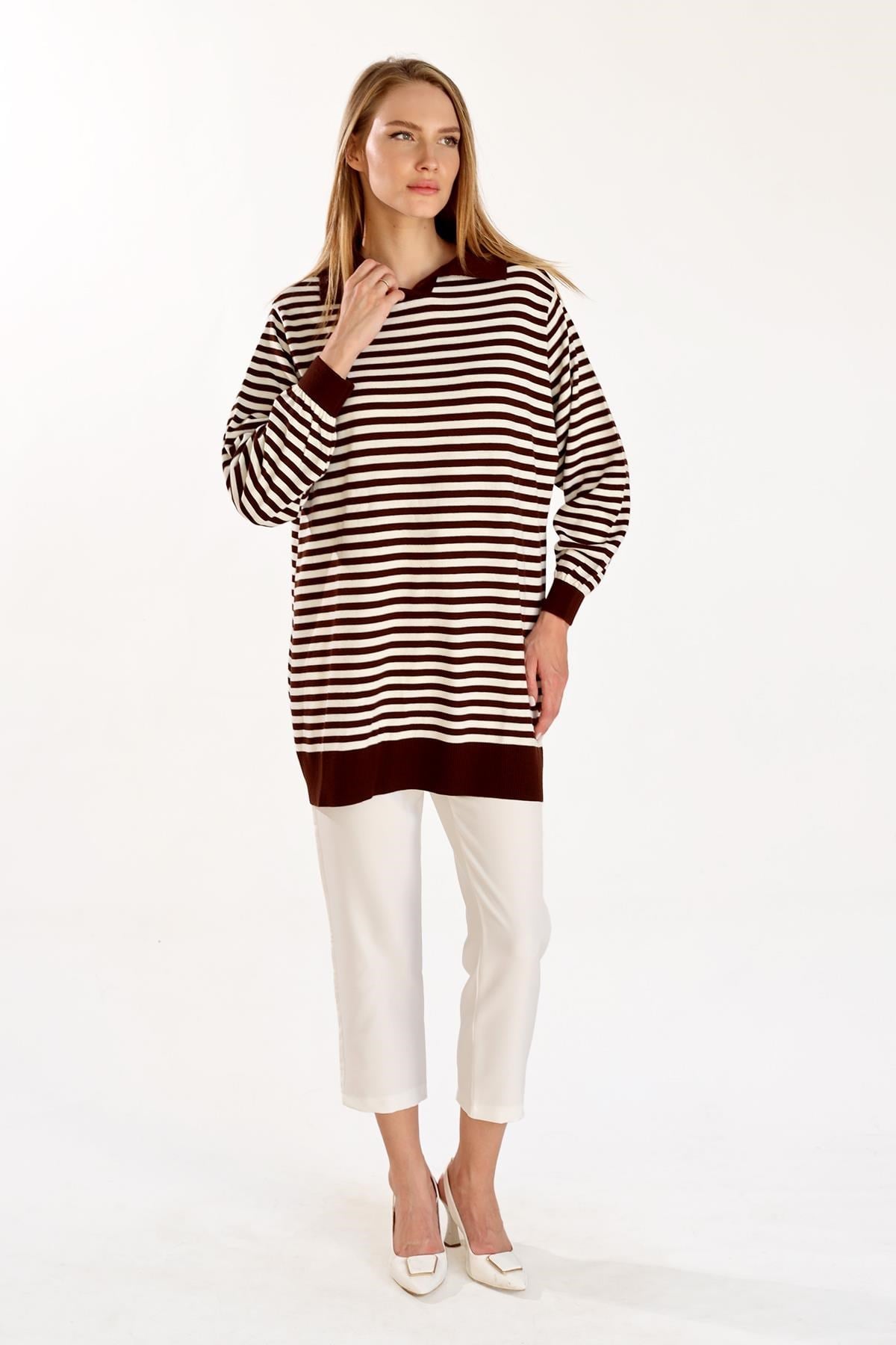 Acı Kahve İnce Çizgi Polo Yaka Tunik 5345