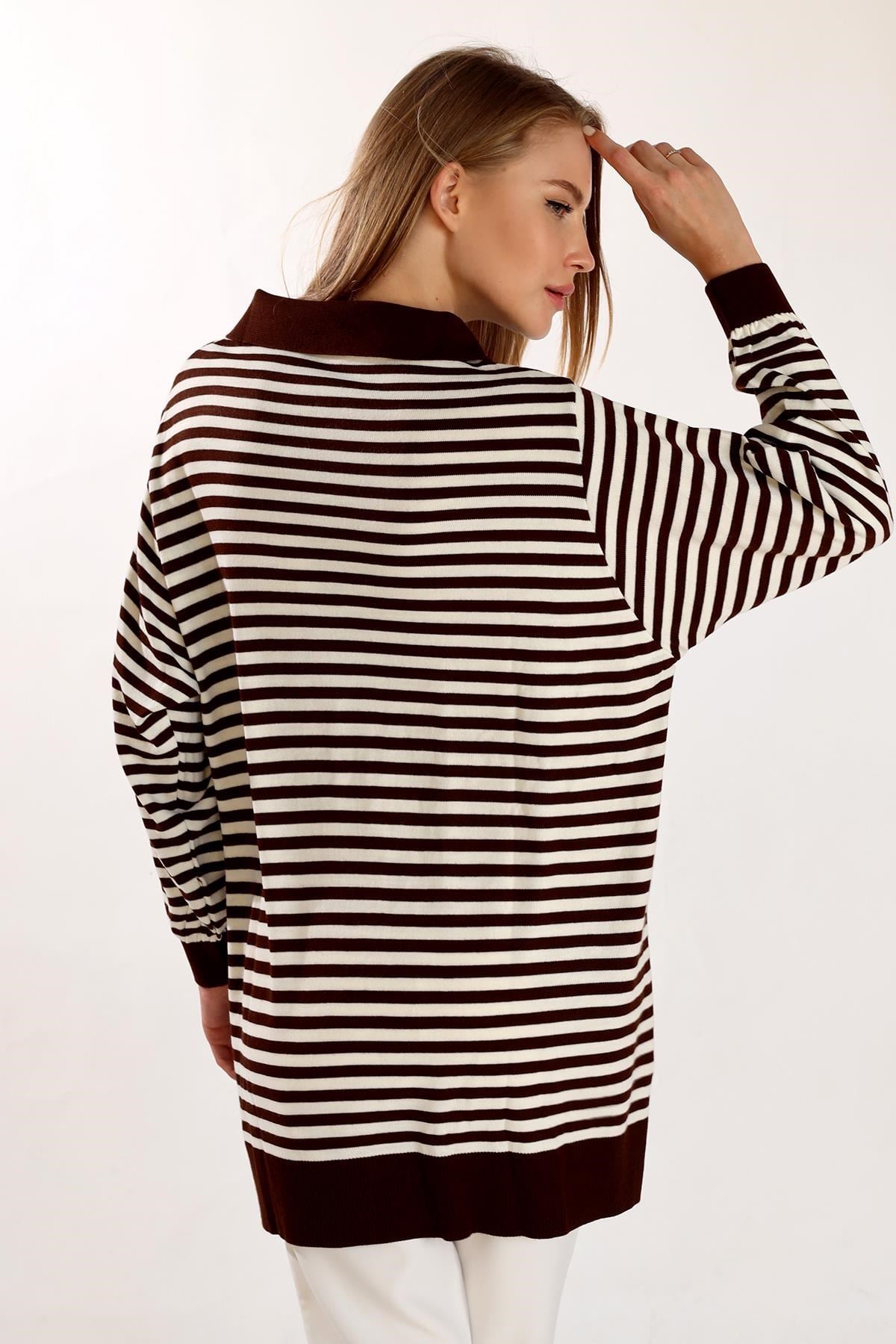 Acı Kahve İnce Çizgi Polo Yaka Tunik 5345