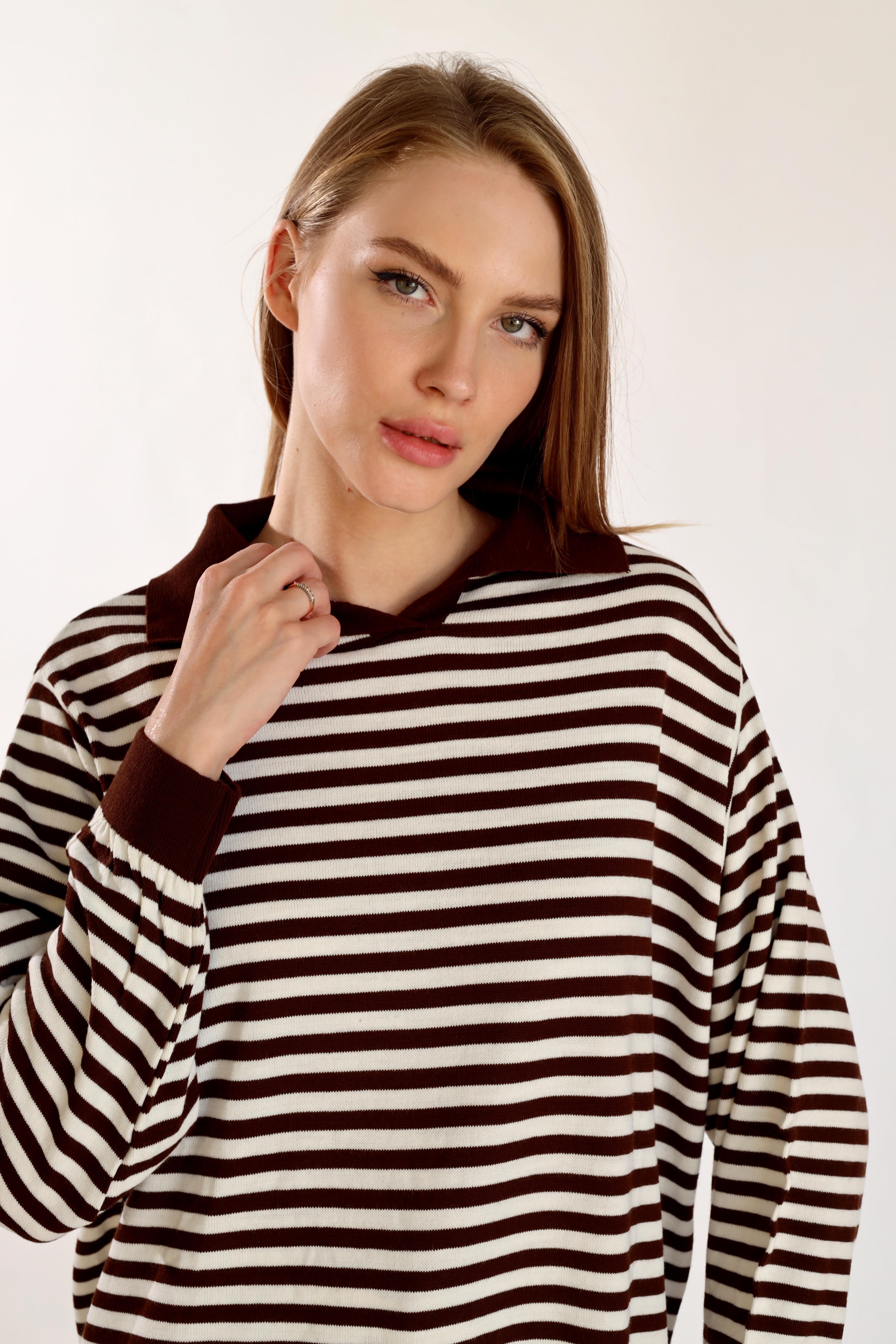 Acı Kahve İnce Çizgi Polo Yaka Tunik 5345