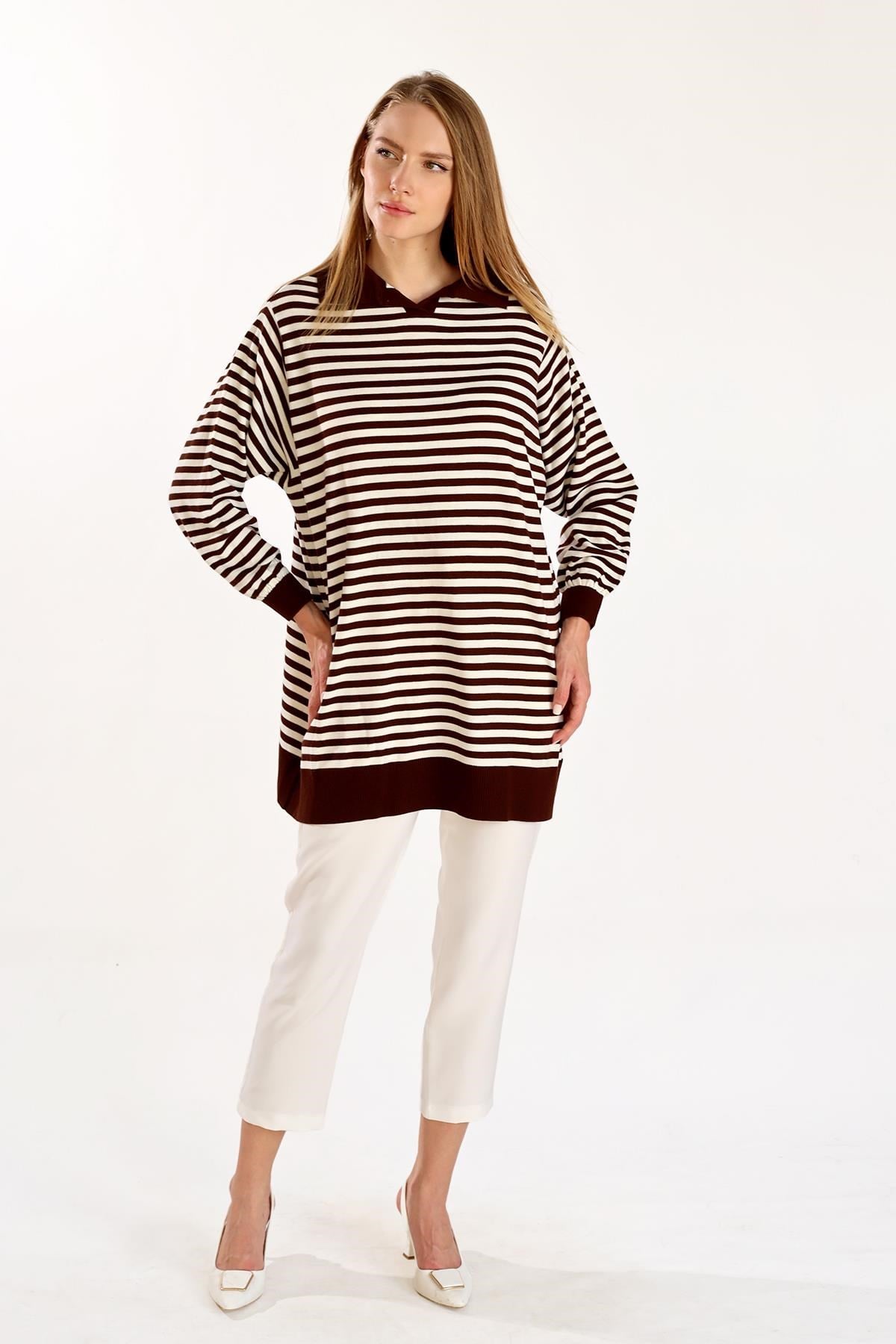 Acı Kahve İnce Çizgi Polo Yaka Tunik 5345