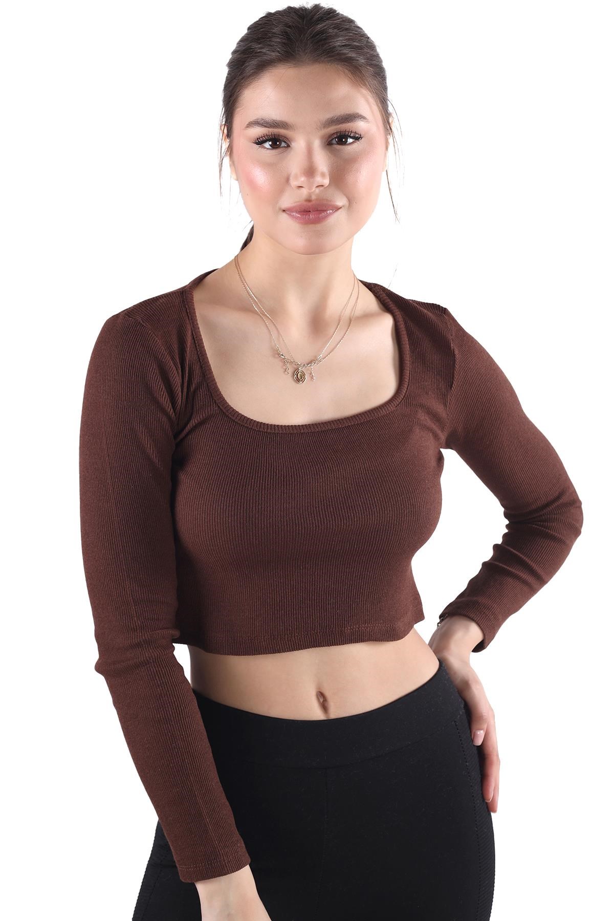 Acı Kahve Kare Yaka Crop Bluz 736