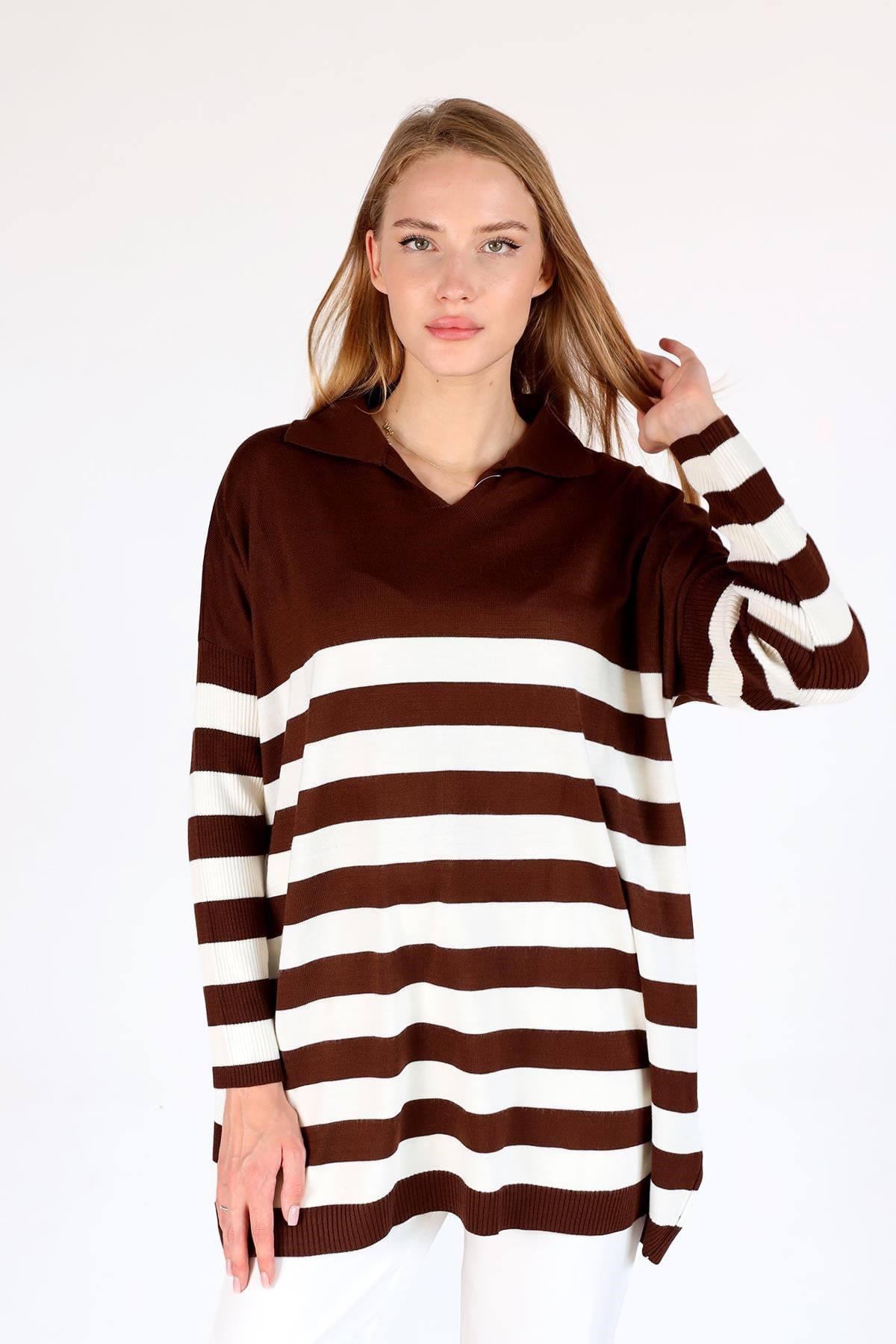 Acı Kahve Polo Yaka Çizgili Tunik 5340