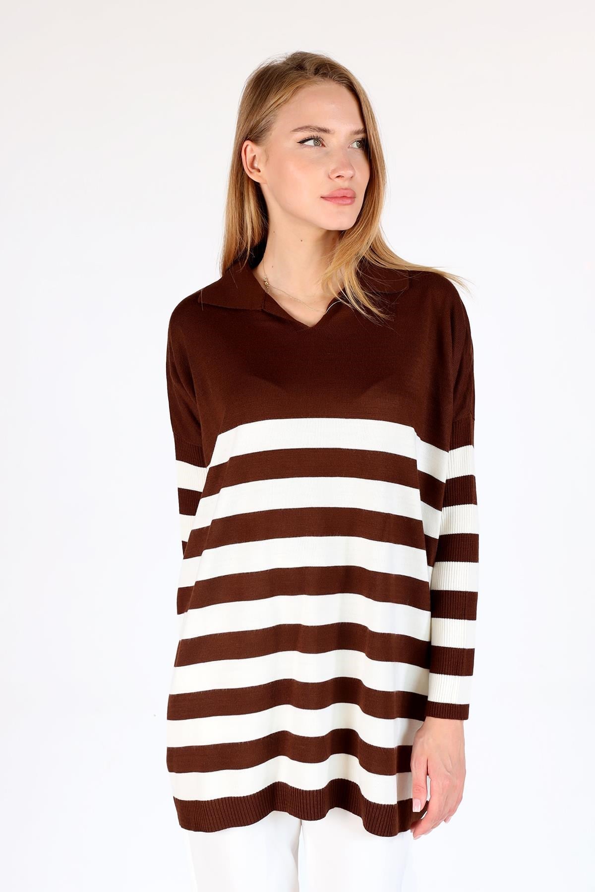 Acı Kahve Polo Yaka Çizgili Tunik 5340