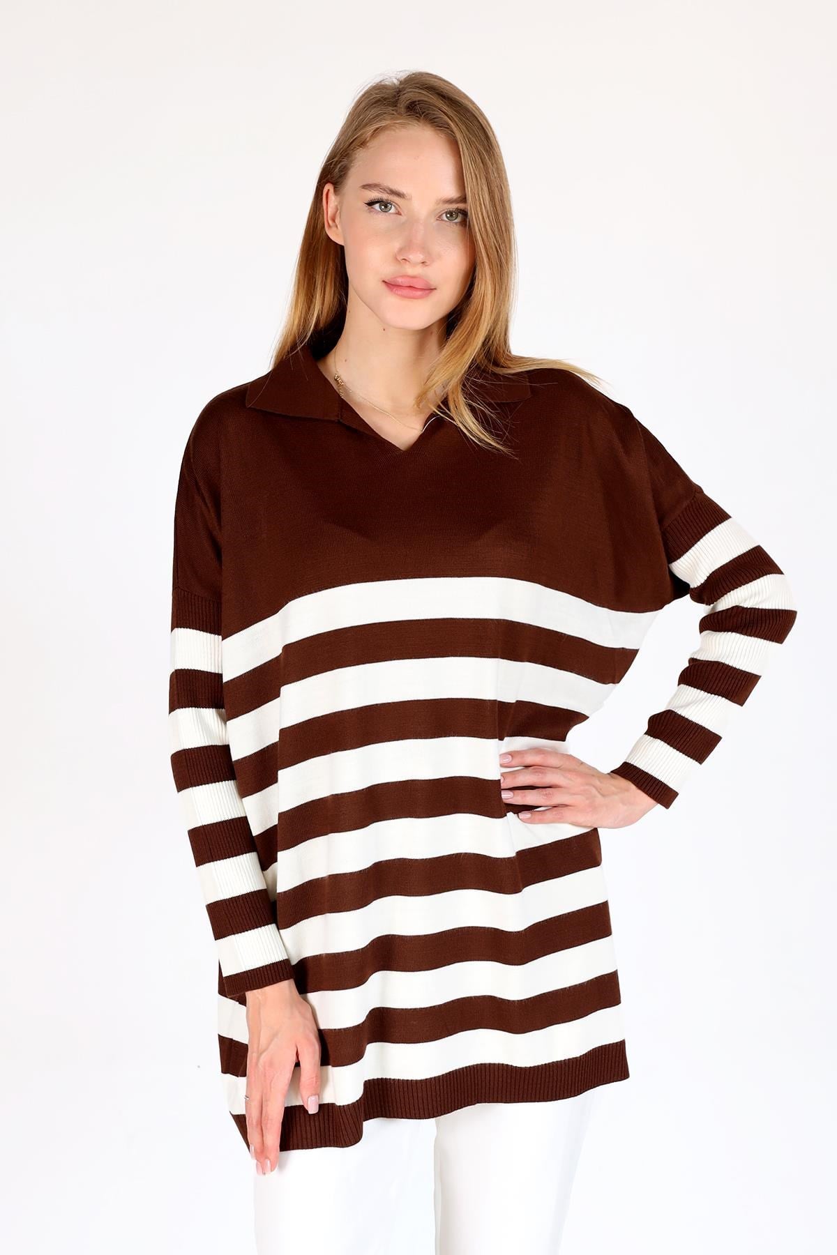 Acı Kahve Polo Yaka Çizgili Tunik 5340