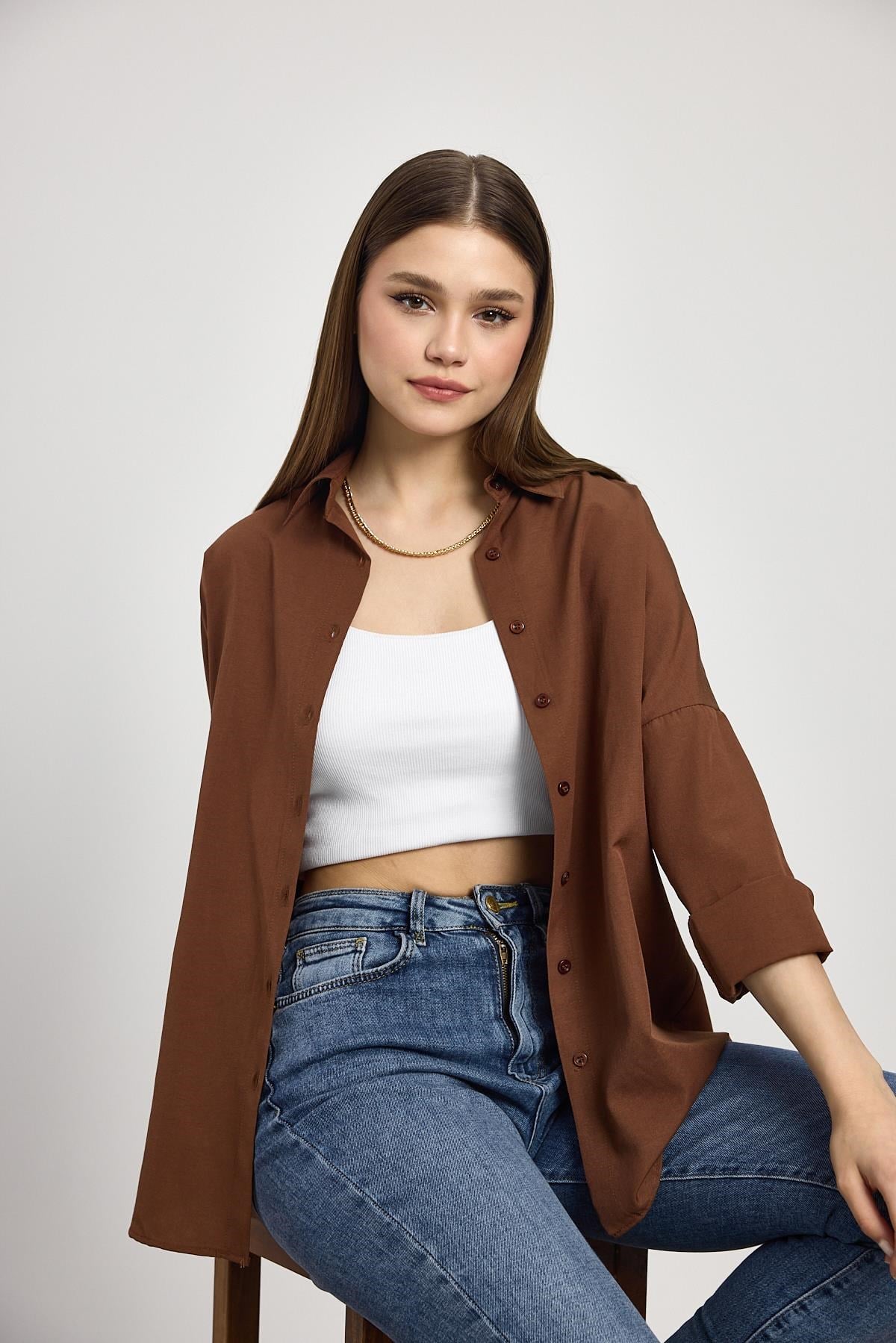 Acı Kahve Relaxed Fit Rahat Kesim Basic Gömlek - 6621A